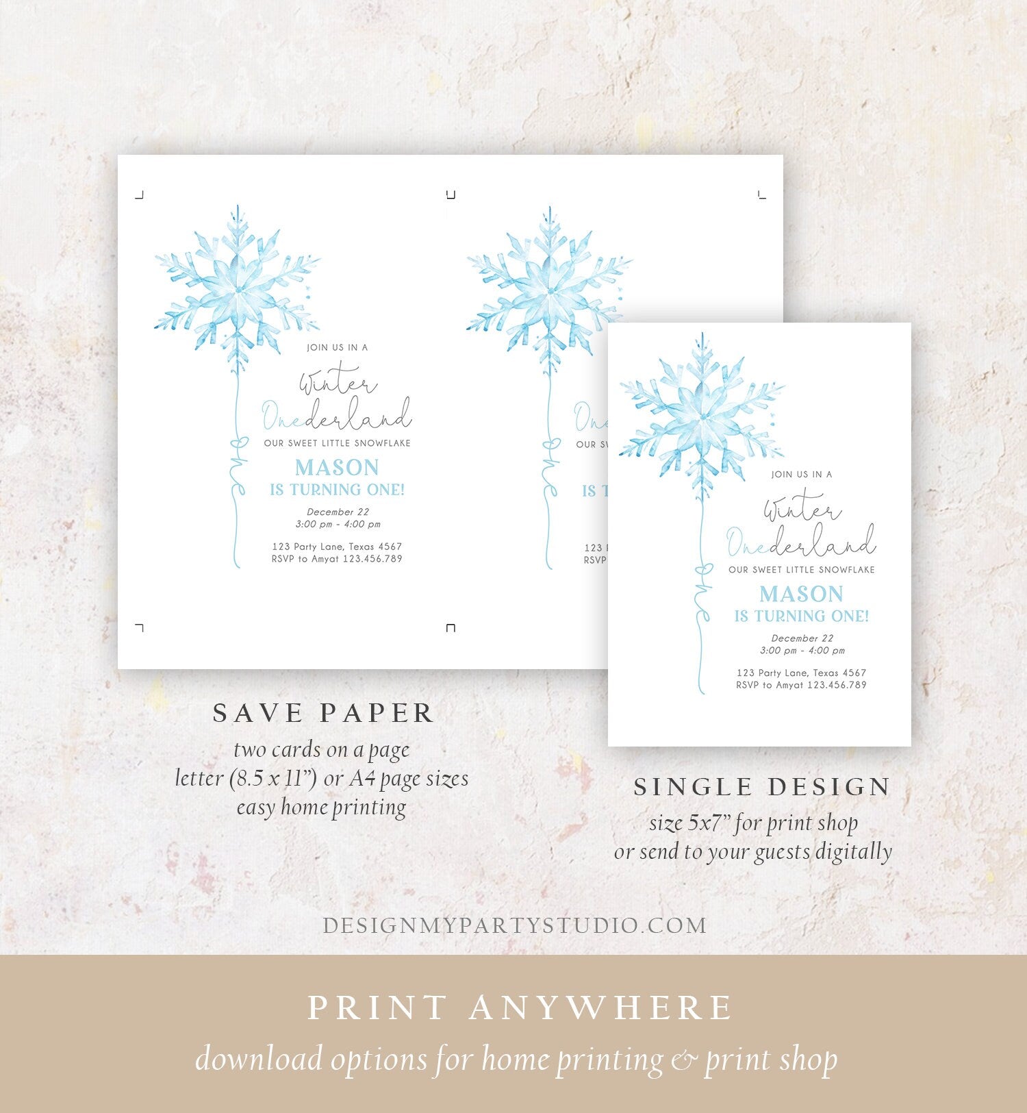 Editable Winter ONEderland Birthday Invitation First Birthday 1st Boy Blue Snowflake Watercolor Wonderland Minimalist Corjl Template 0494