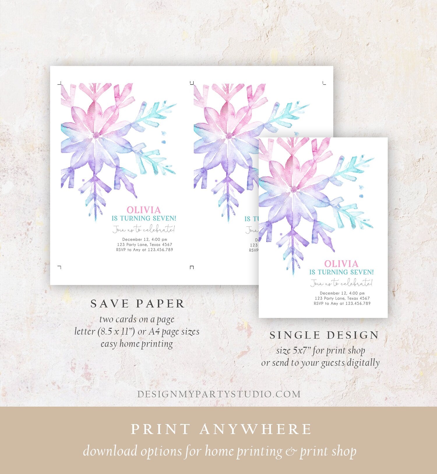 Editable Winter Birthday Invitation Snowflake Birthday Girl Pink Purple Kids Teen Winter Wonderland Watercolor Minimal Corjl Template 0494