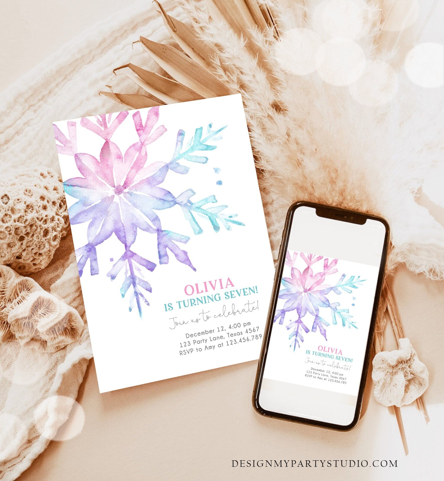 Editable Winter Birthday Invitation Snowflake Birthday Girl Pink Purple Kids Teen Winter Wonderland Watercolor Minimal Corjl Template 0494