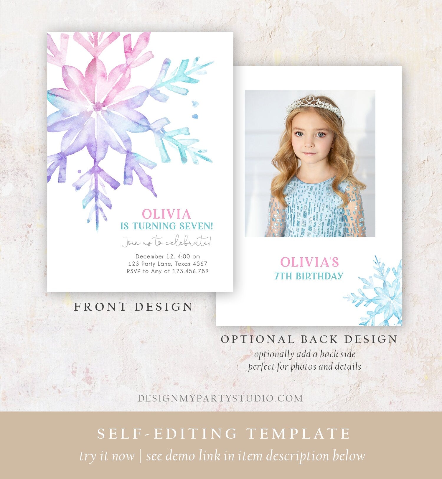 Editable Winter Birthday Invitation Snowflake Birthday Girl Pink Purple Kids Teen Winter Wonderland Watercolor Minimal Corjl Template 0494