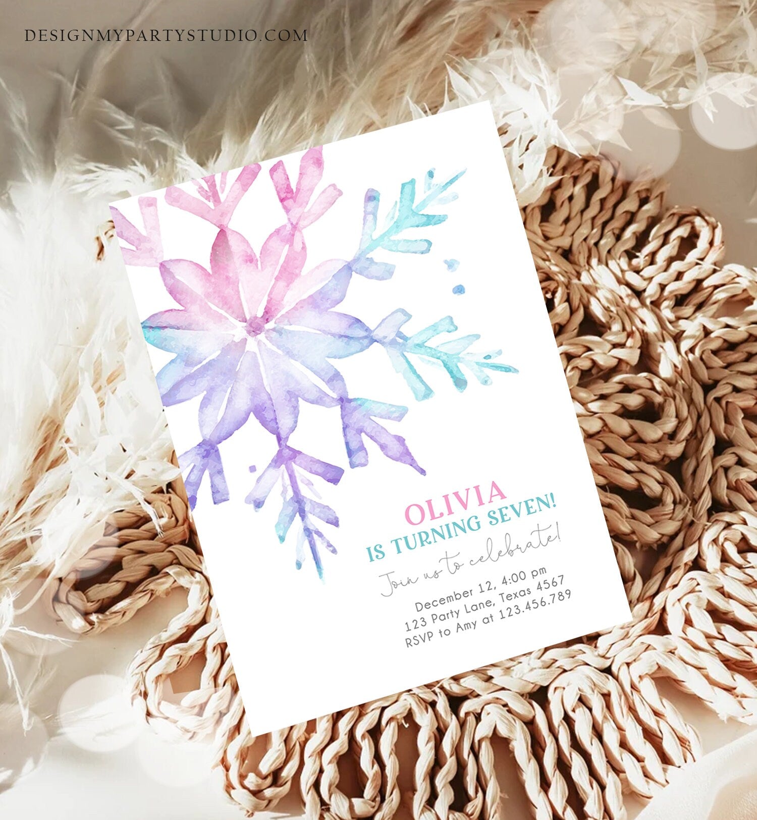 Editable Winter Birthday Invitation Snowflake Birthday Girl Pink Purple Kids Teen Winter Wonderland Watercolor Minimal Corjl Template 0494