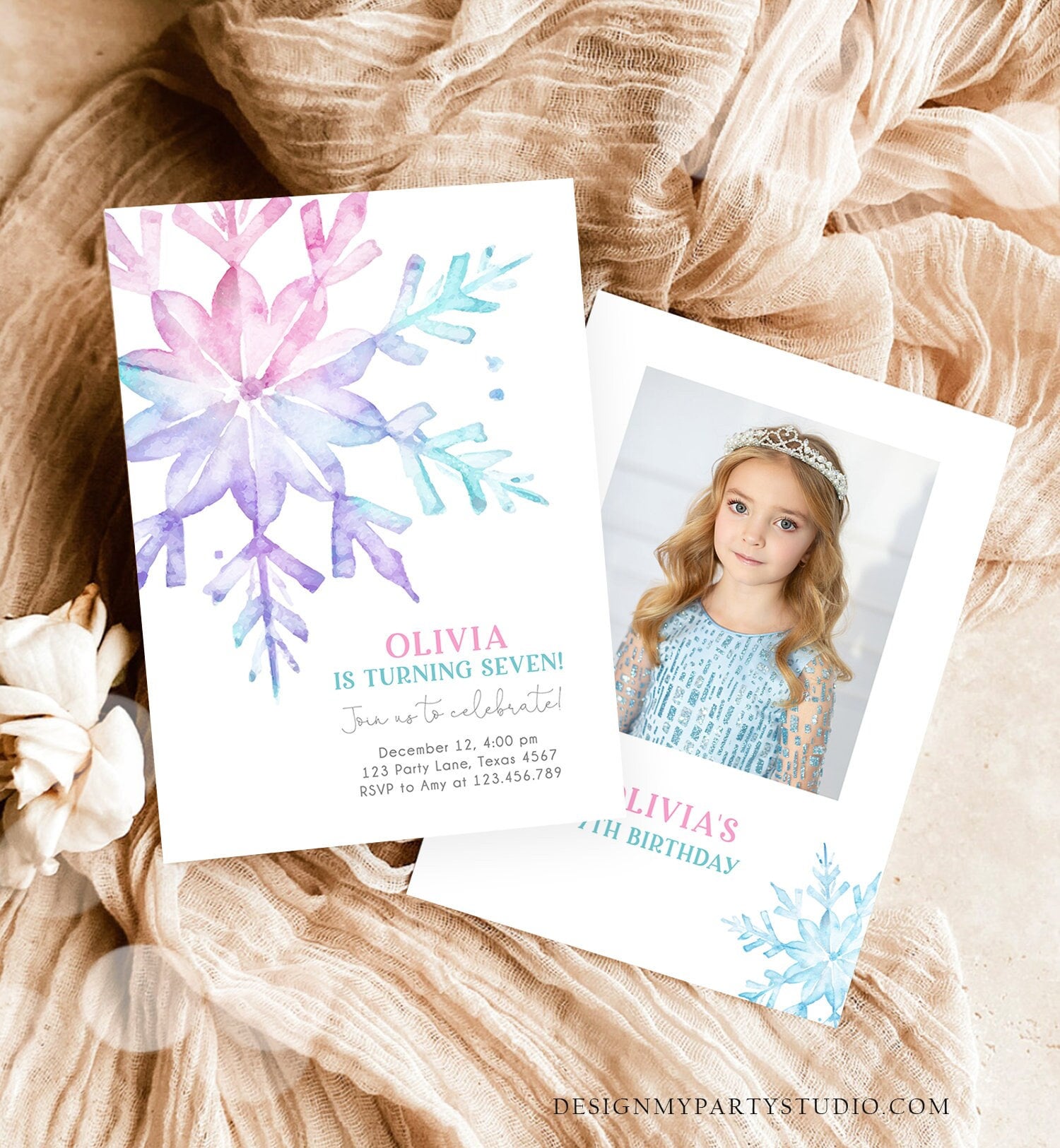 Editable Winter Birthday Invitation Snowflake Birthday Girl Pink Purple Kids Teen Winter Wonderland Watercolor Minimal Corjl Template 0494