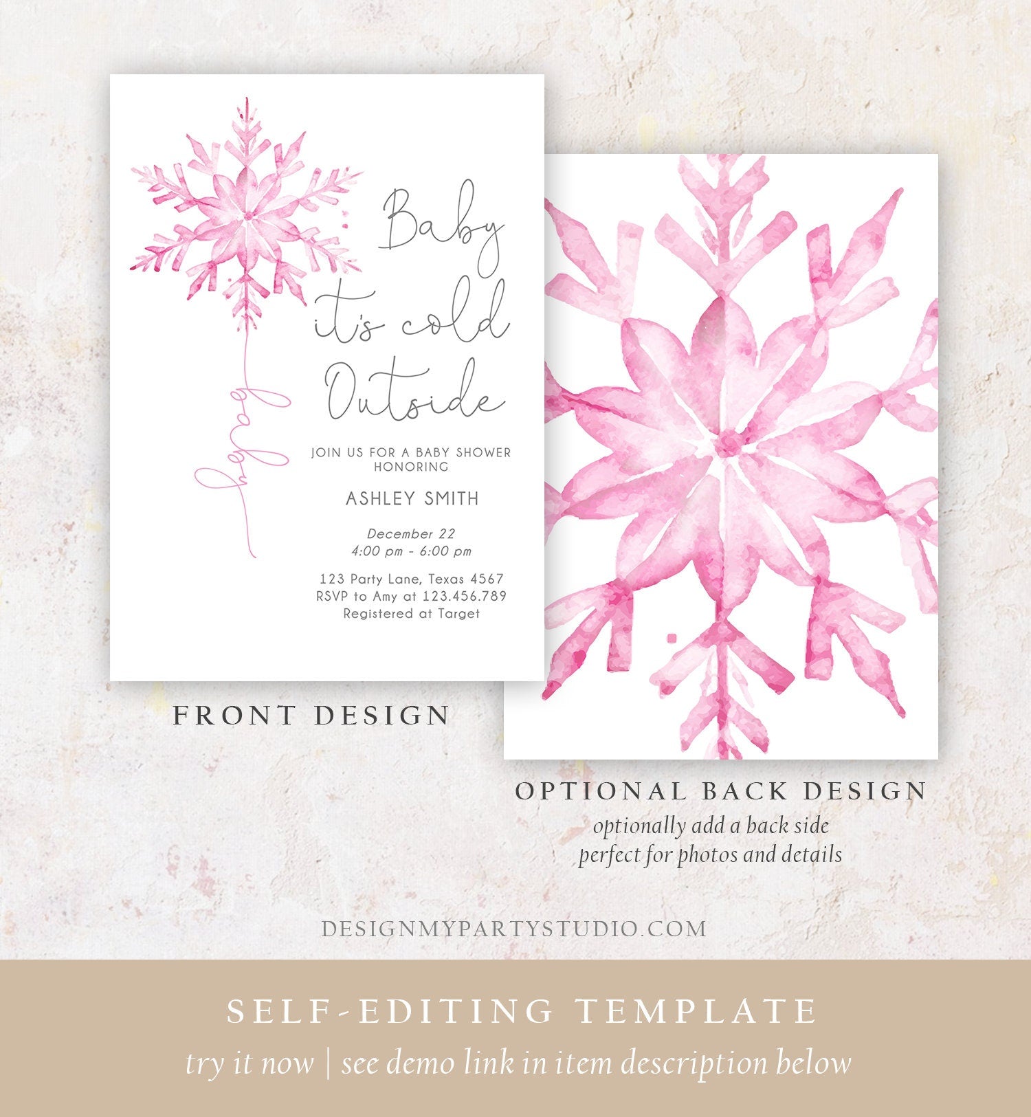 Editable Baby Its Cold Outside Baby Shower Invitation Winter Baby Shower Girl Blush Pink Snowflake Watercolor Template Download Corjl 0494