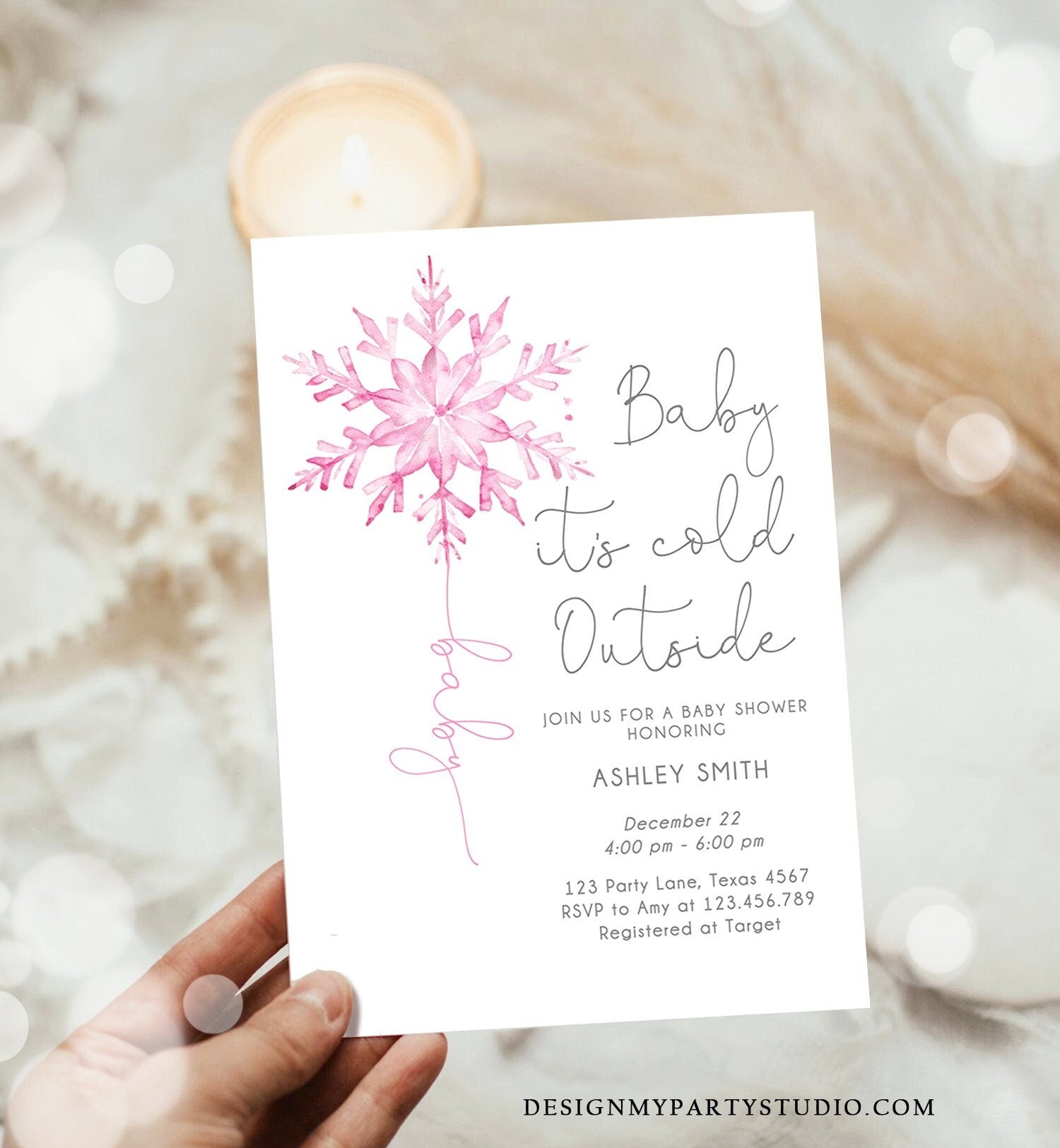 Editable Baby Its Cold Outside Baby Shower Invitation Winter Baby Shower Girl Blush Pink Snowflake Watercolor Template Download Corjl 0494