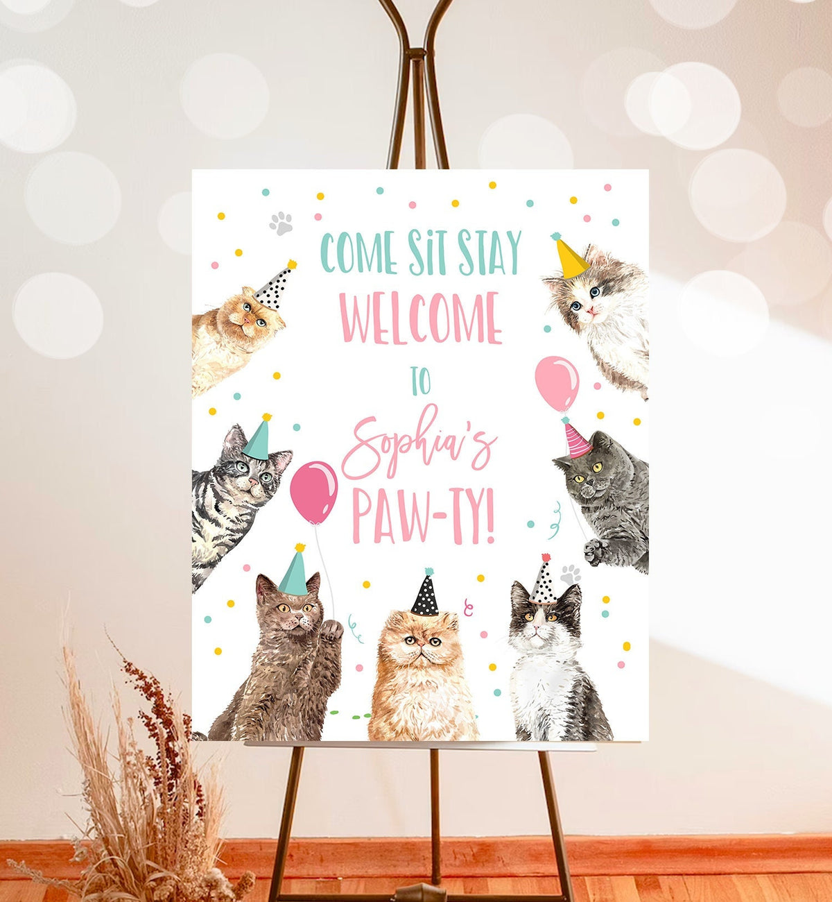 Editable Cat Birthday Party Welcome Sign Kitten Birthday Pink Pink Girl Kitty Cat Paw-ty Pawty Cute Kitten Template Corjl PRINTABLE 0384