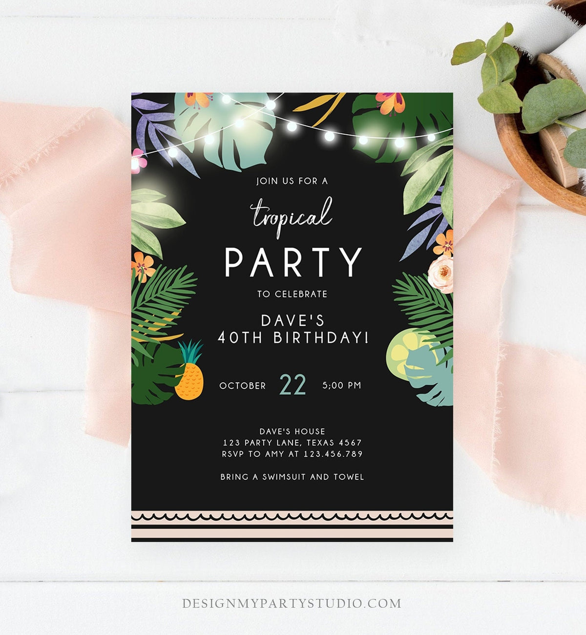 Editable Tropical Birthday Invitation Tropical Party Adult Birthday Man Woman Palm Leaves Hawaiian Download Template Corjl Printable 0183