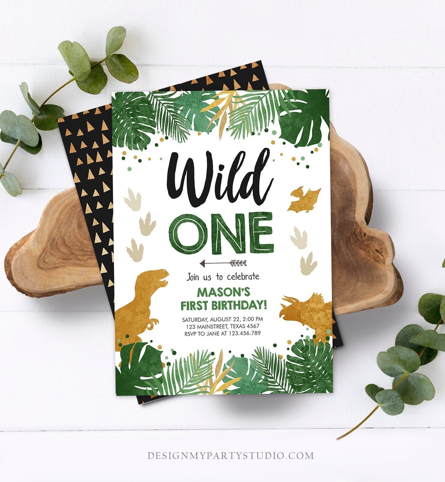 Editable Wild One Birthday Invitation Dinosaur Dino Party Boy 1st First Birthday Green Gold Born to be Wild Corjl Template Printable 0146