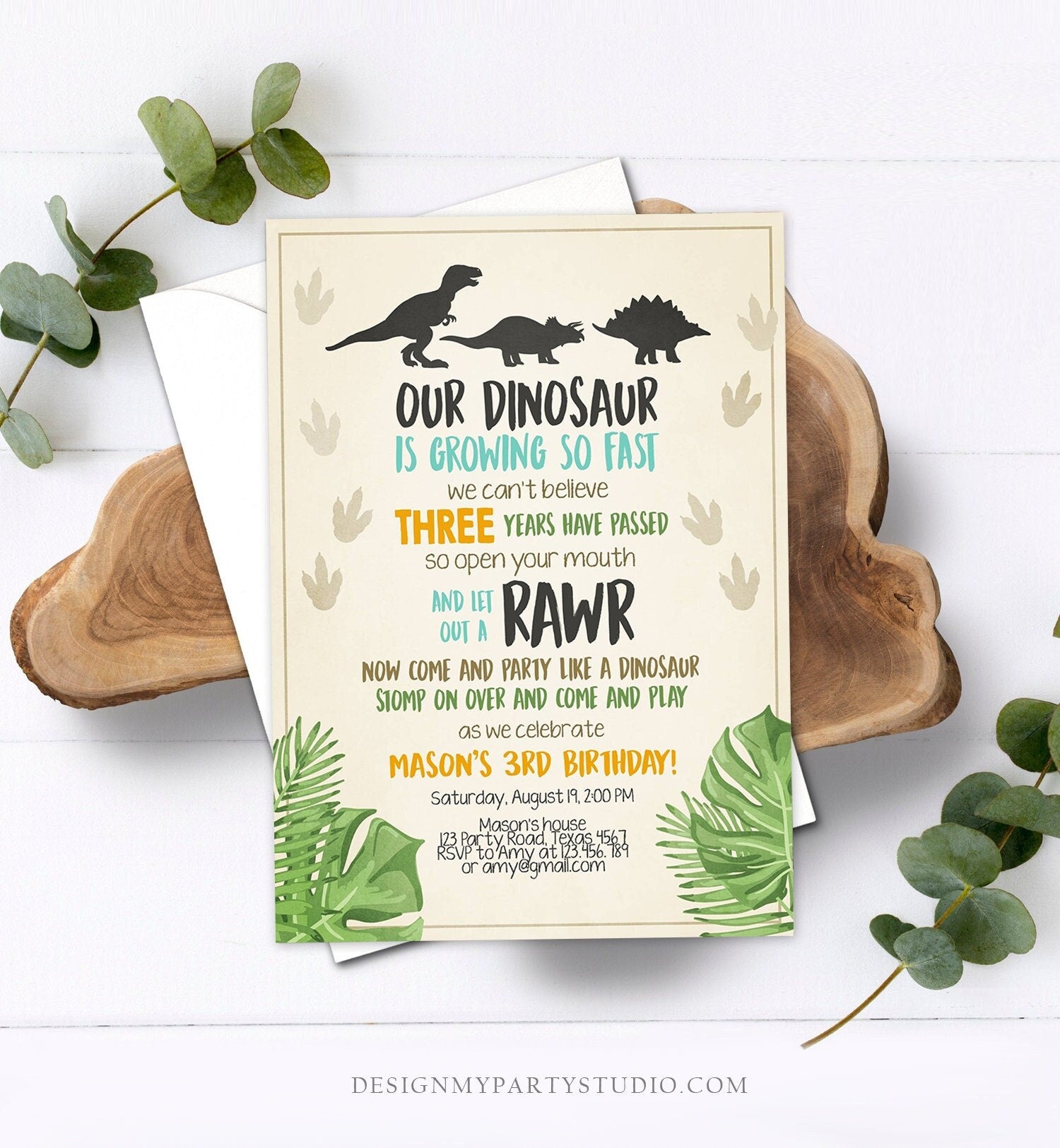 Editable Dinosaur Birthday Invitation Dino Dig Party Prehistoric Boy Blue Orange T-Rex Digital Download Printable Template Corjl 0043