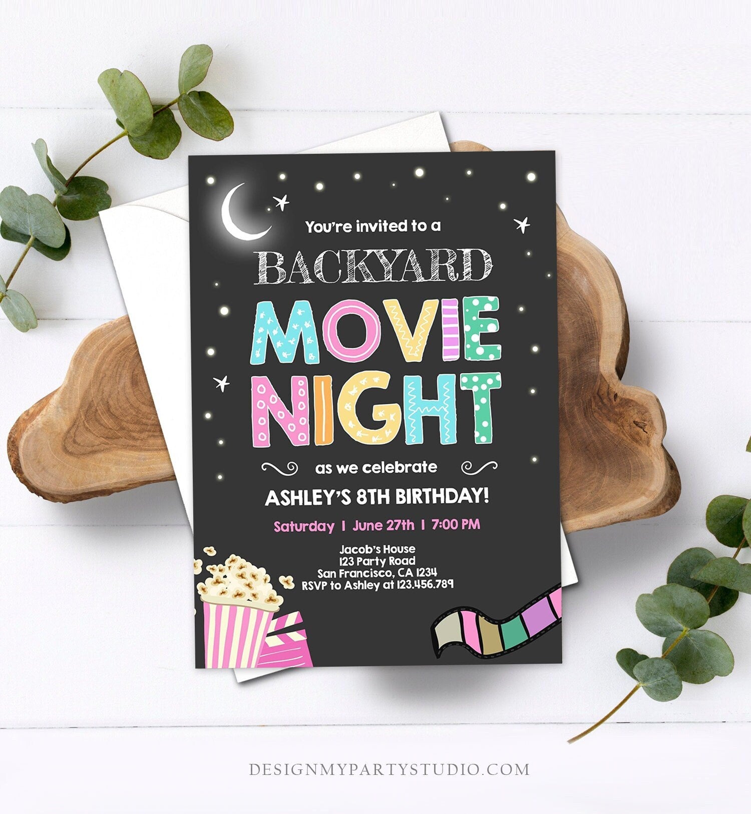 Editable Movie Night Birthday Invitation Girl Movie Slumber Party Backyard Movie Party Popcorn Download Template Corjl Printable 0042