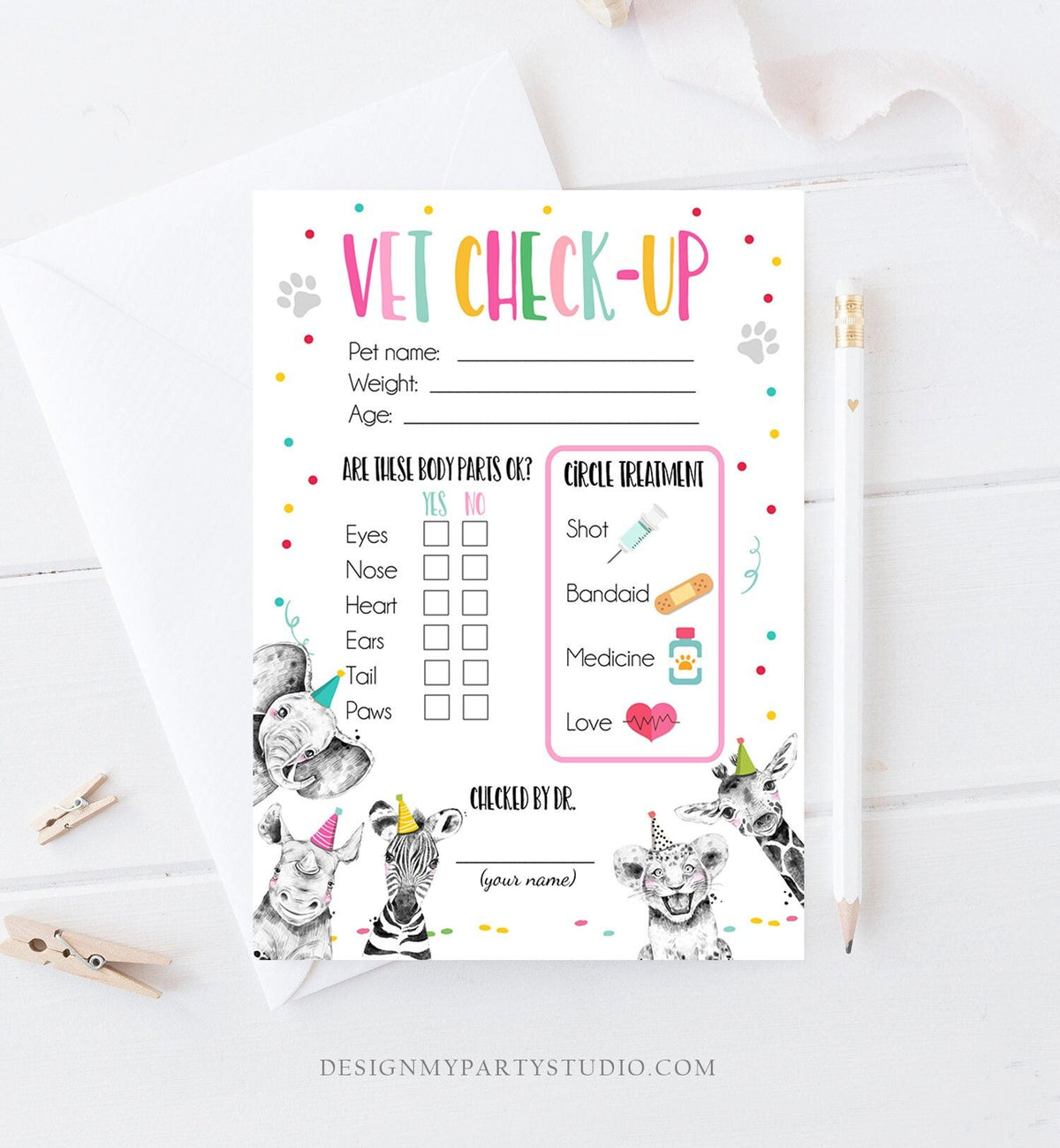 Vet Check Up Exam Sheet Pet Check-Up Party Animals Birthday Party Safari Zoo Vet Hospital Adoption Adopt a Pet Girl Download Printable 0390