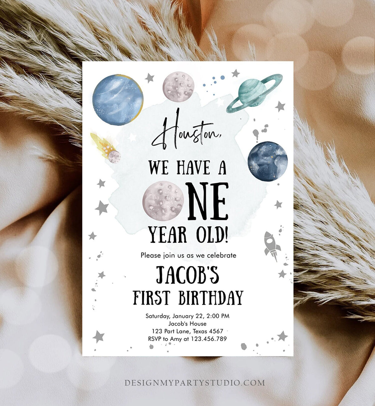 Editable Outer Space First Birthday Invitation Galaxy Houston Trip Around the Sun One Silver Download Printable Template Digital Corjl 0357