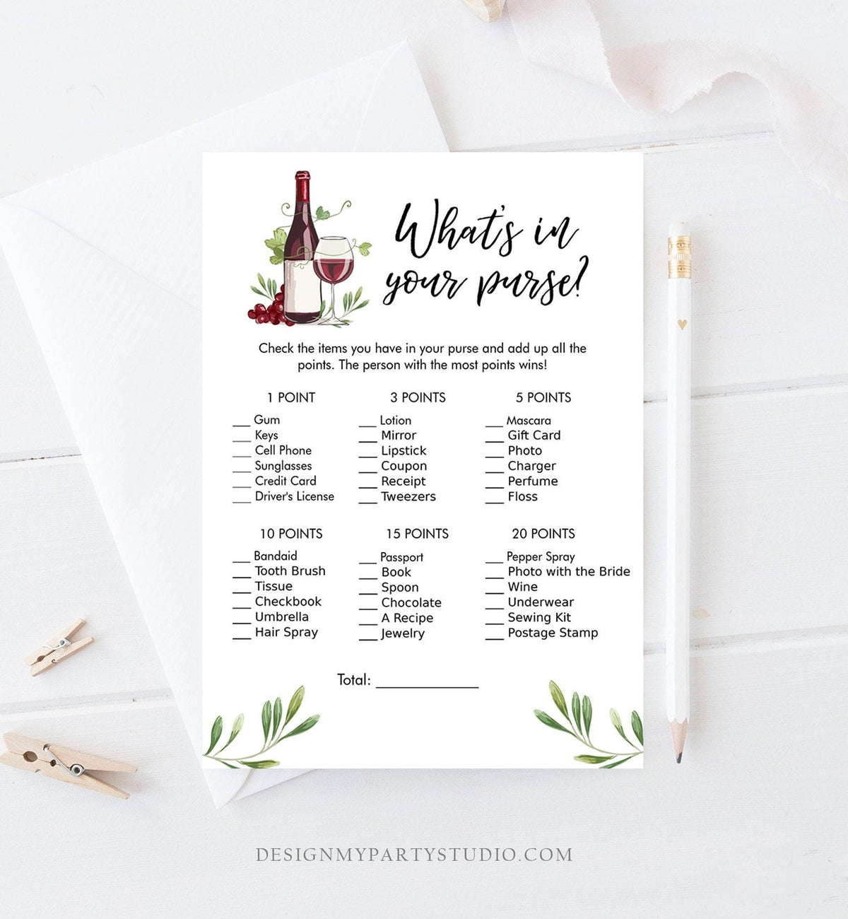 Editable What&#39;s in Your Purse Bridal Shower Game Wine Tasting Vineyard Grapes Wine Bottles Wedding Outdoor Napa Download Corjl Template 0234