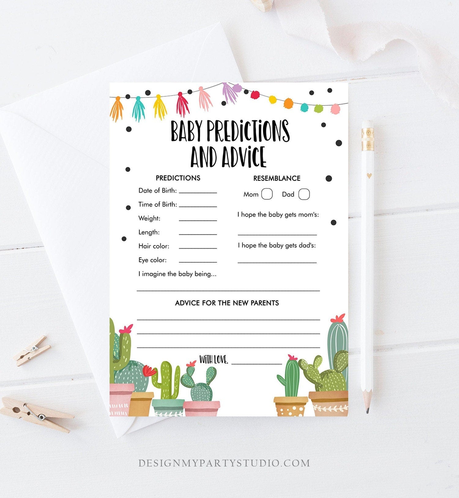 Editable Baby Predictions Baby Shower Game Advice for Parents Cactus Fiesta Succulent Mexican Taco Bout Corjl Template Printable 0254