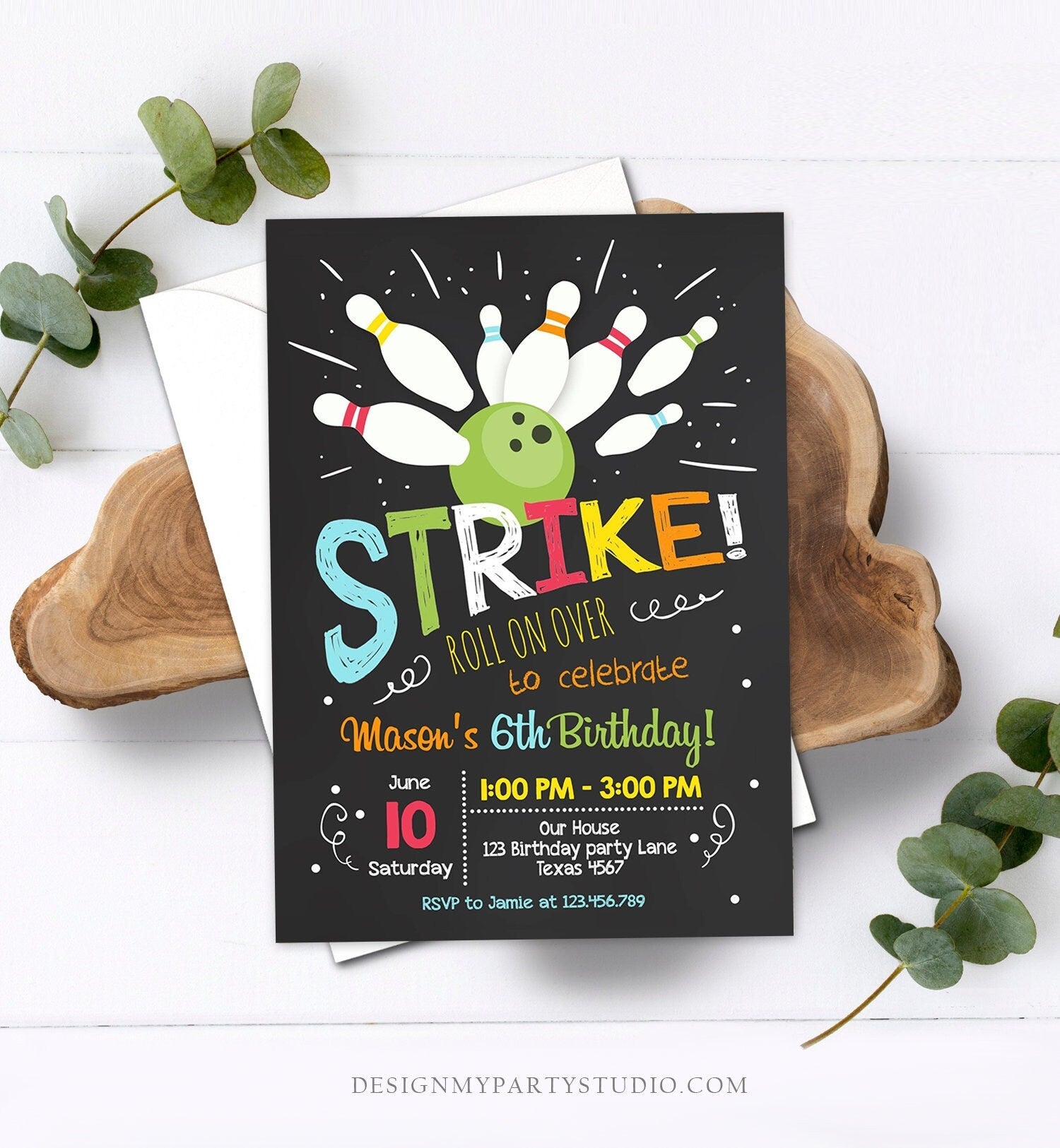 Editable Bowling Birthday Invitation Boy Red Blue Bowling Party Strike Kids Birthday Digital Download Corjl Template Printable 0081