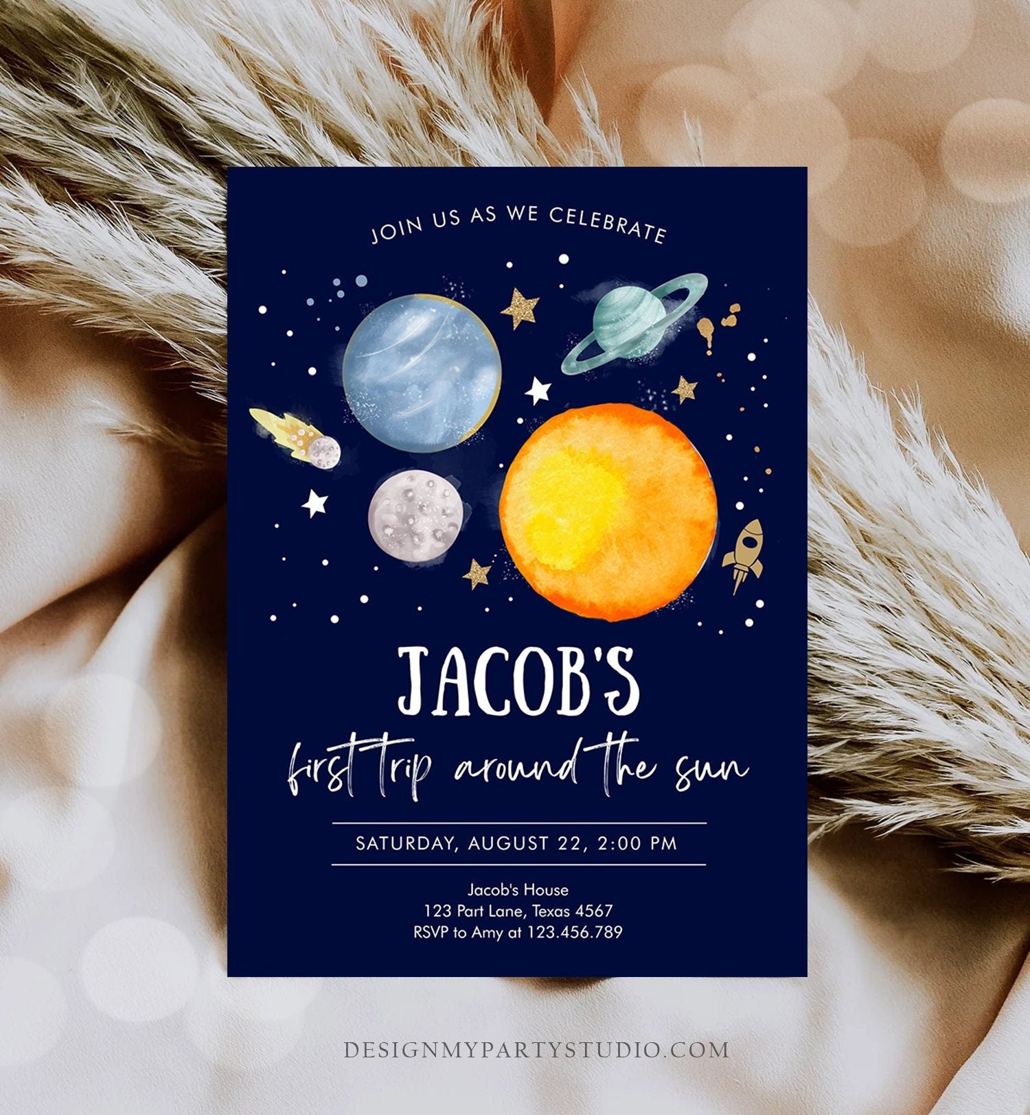 Editable Outer Space First Birthday Invitation Galaxy Blast Off First Trip Around the Sun Download Printable Template Digital Corjl 0357