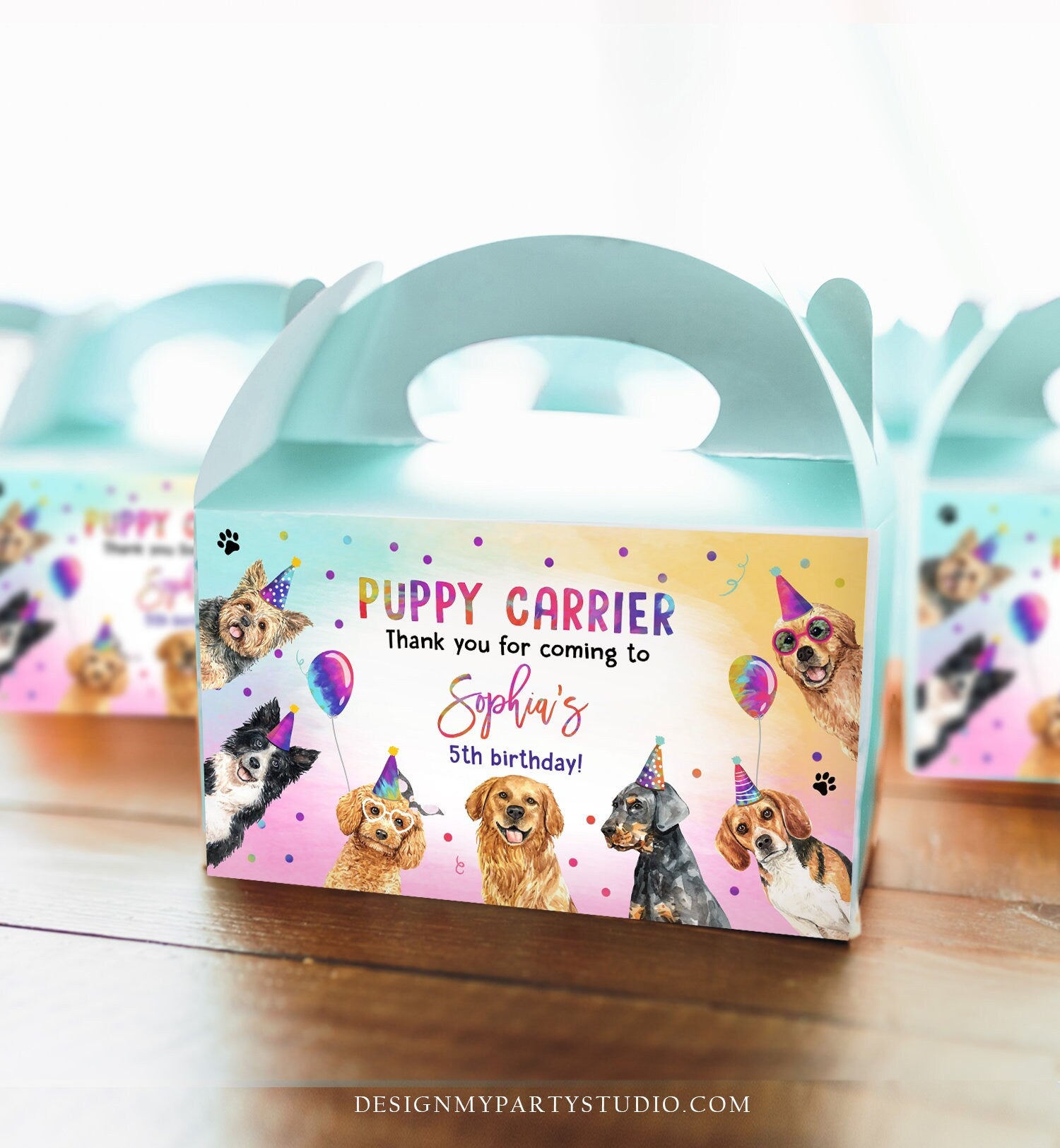 Editable Puppy Carrier Box Favor Label Puppy Birthday Favor Box Label Adopt a Puppy Pet Party Animals Digital Download Printable Corjl 0460