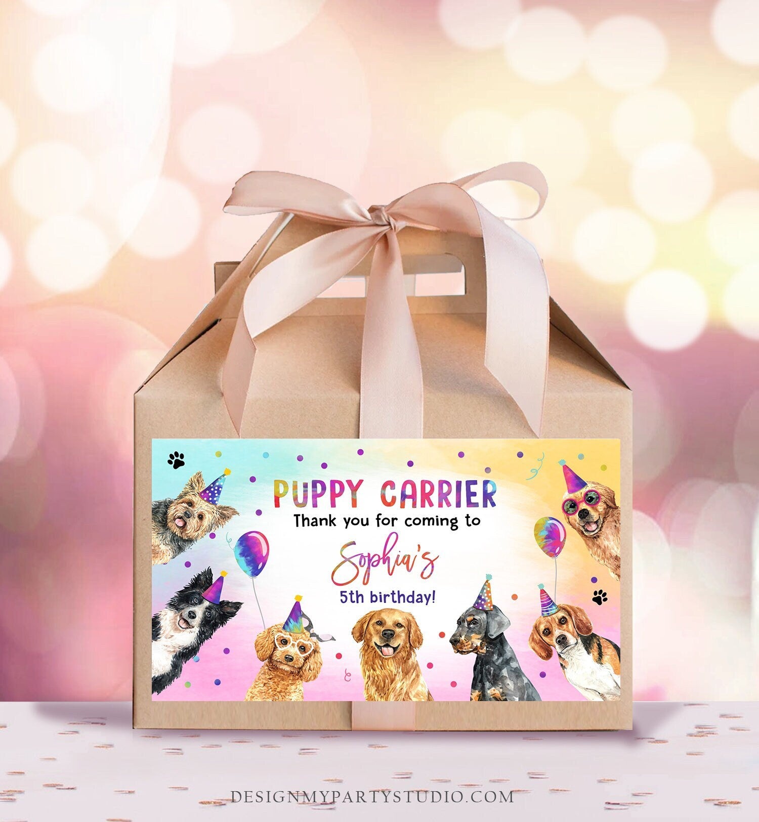 Editable Puppy Carrier Box Favor Label Puppy Birthday Favor Box Label Adopt a Puppy Pet Party Animals Digital Download Printable Corjl 0460