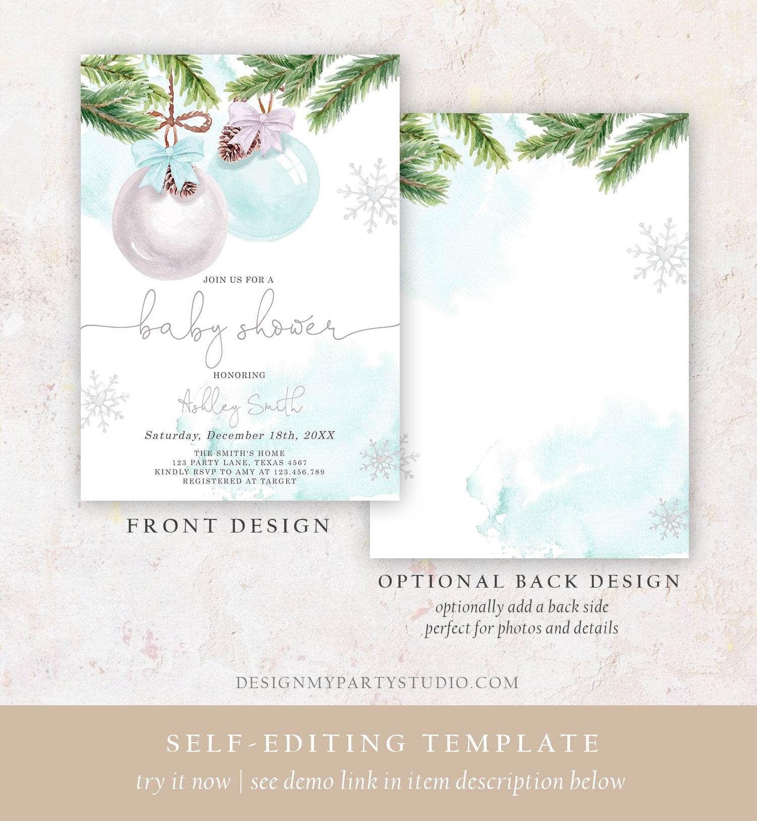 Editable Winter Baby Shower Invitation Baby It's Cold Outside Christmas Baby Shower Boy Blue Watercolor Template Download Corjl 0490