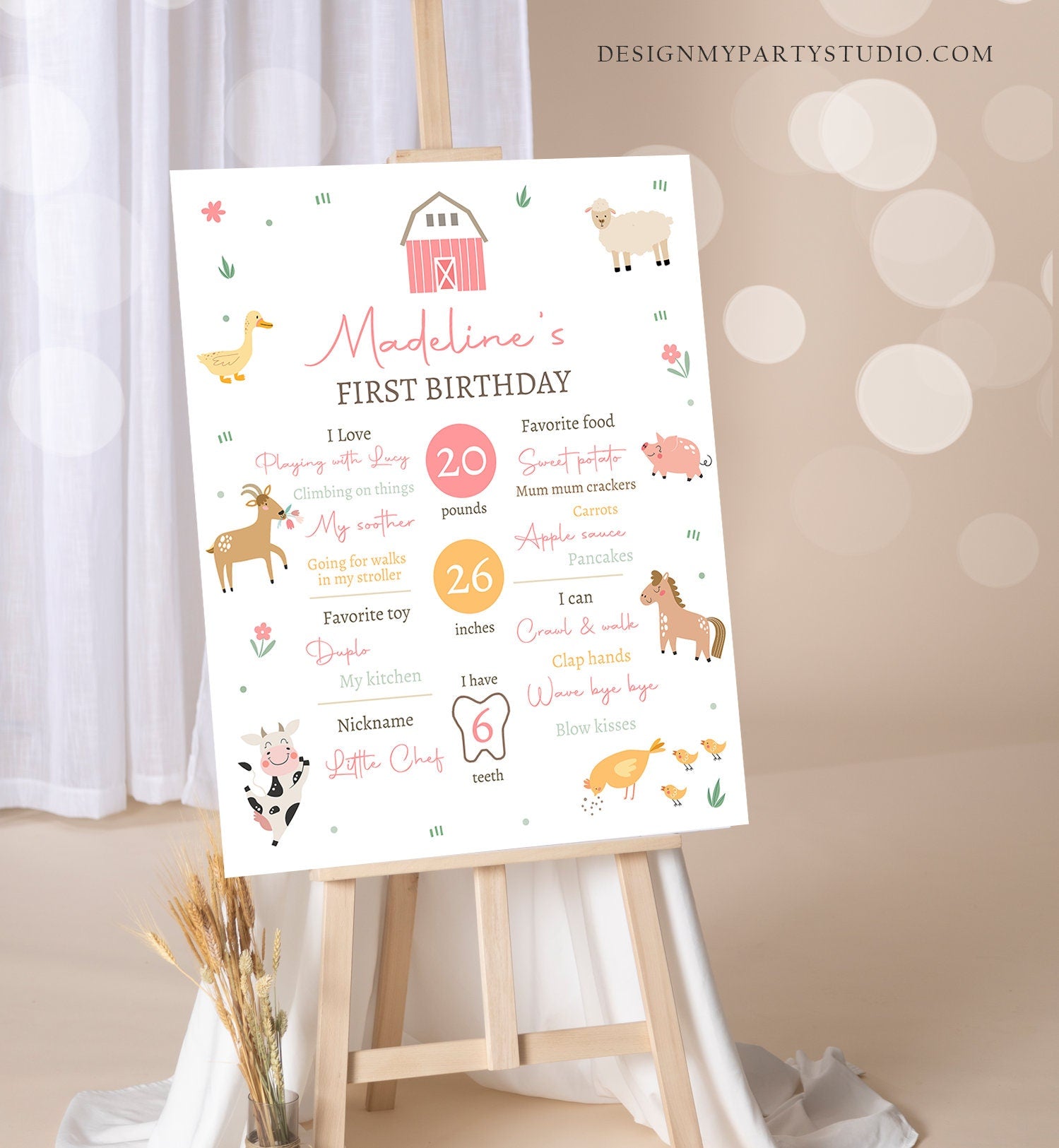 Editable Farm Animals Birthday Milestones Sign Girl Pink Farm Minimalist Barnyard Bash Barnyard Sign Floral Download Template Printable 0436