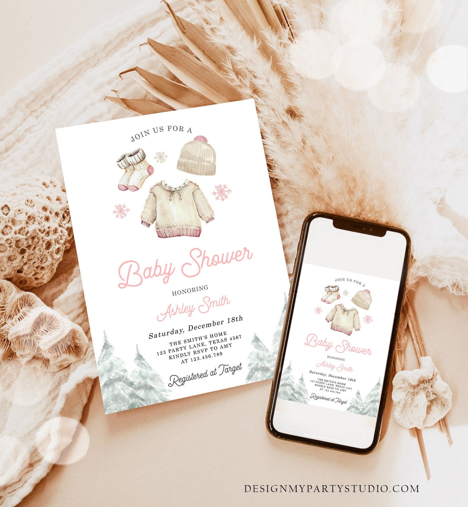 Editable Winter Baby Shower Girl Baby It's Cold Outside Invitation Christmas Pink Baby Clothes Watercolor Template Download Corjl 0491