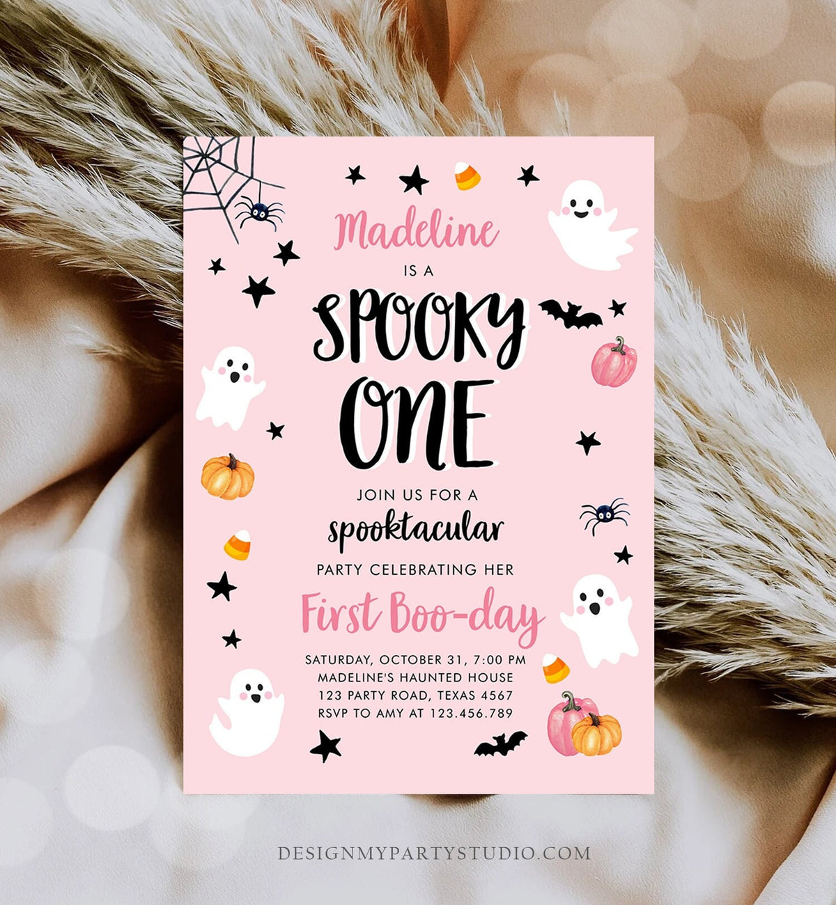 Editable Halloween 1st Birthday Invitation Pink Ghost Costume Party Girl Pink Kids Spooky One First Download Printable Template Corjl 0418