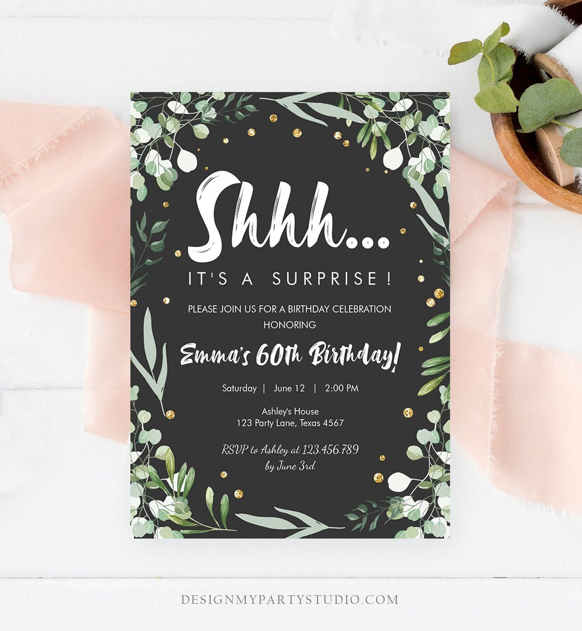 Editable Greenery Surprise Birthday Invitation ANY AGE Shhh Its It&#39;s a Surprise 30th 50th 60th Party Digital Evite Template Printable 0253