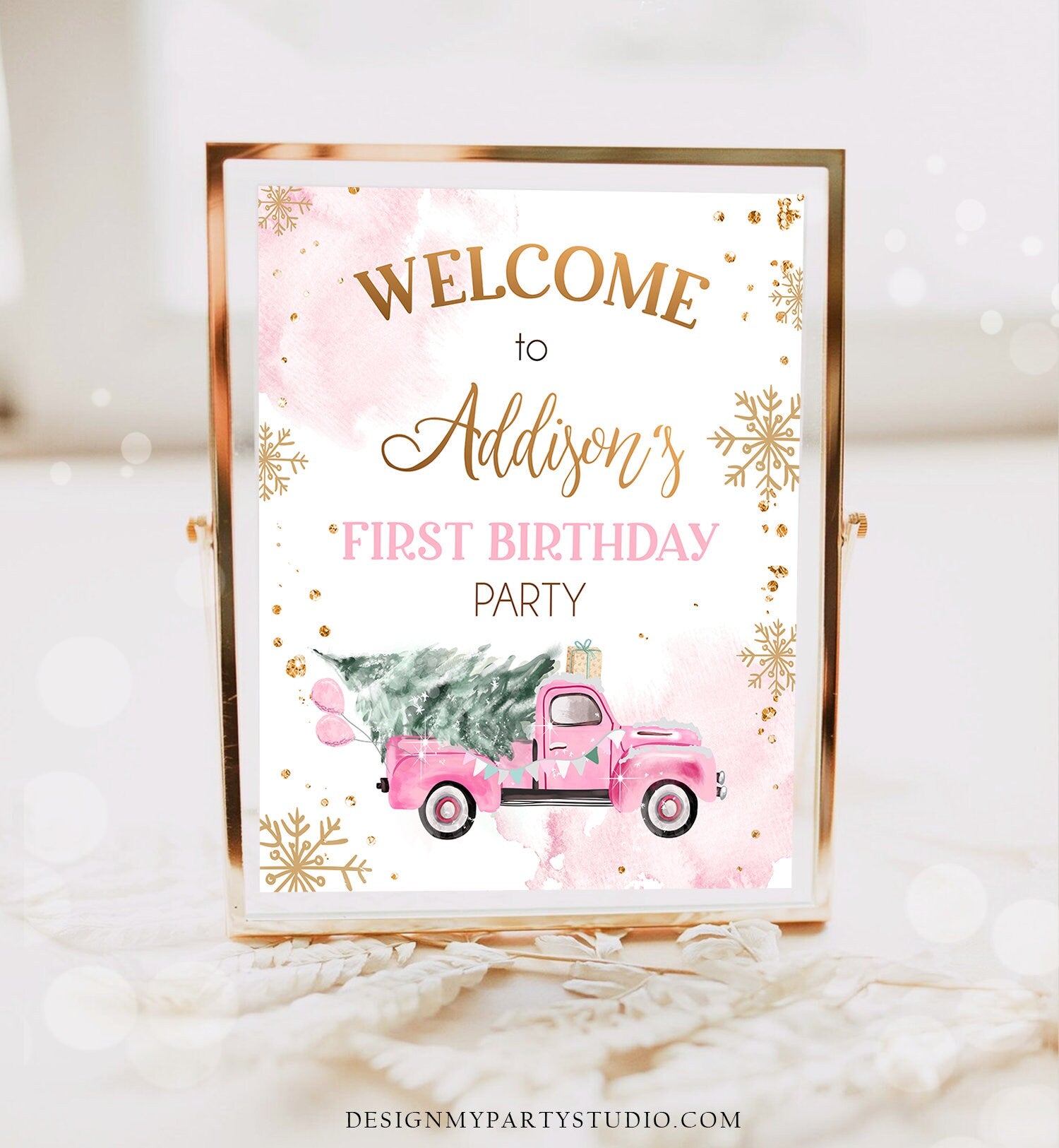 Editable Winter Truck Welcome Sign Onederland Pink Truck Watercolor Girl First Birthday Snowflake Wonderland Corjl Template Printable 0495