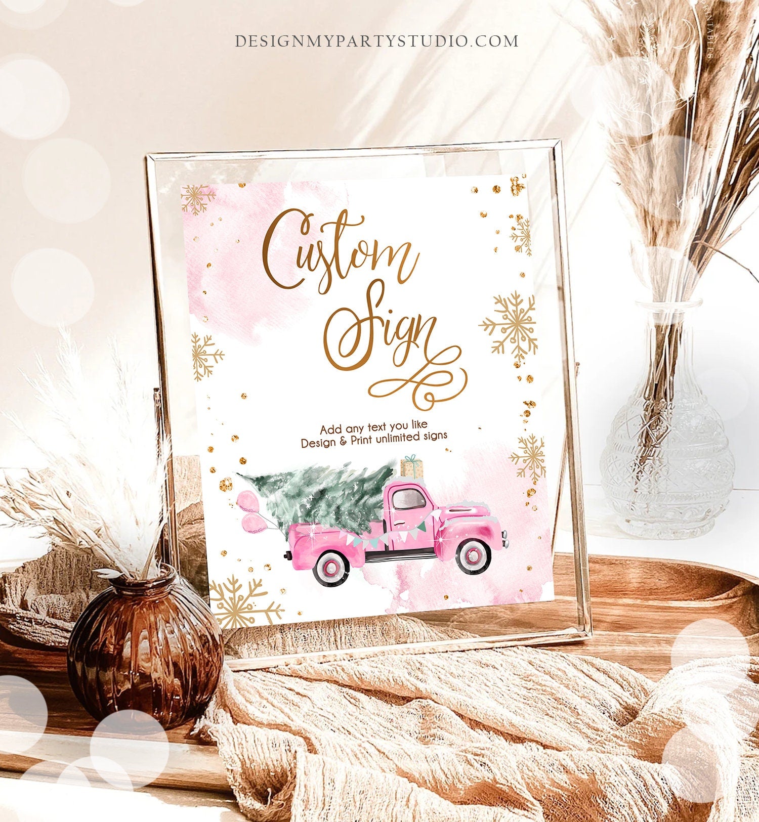 Editable Custom Sign Winter Truck Sign Winter Onederland Pink Truck Girl First Birthday Party 8x10 Download PRINTABLE Corjl 0495