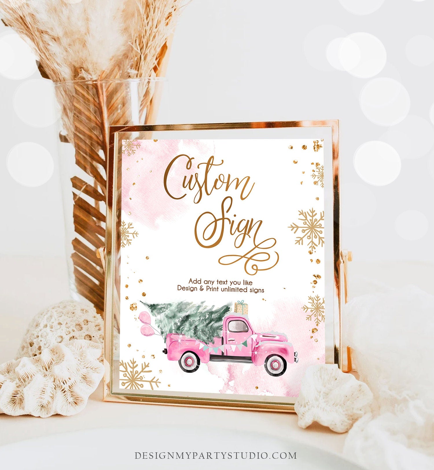 Editable Custom Sign Winter Truck Sign Winter Onederland Pink Truck Girl First Birthday Party 8x10 Download PRINTABLE Corjl 0495