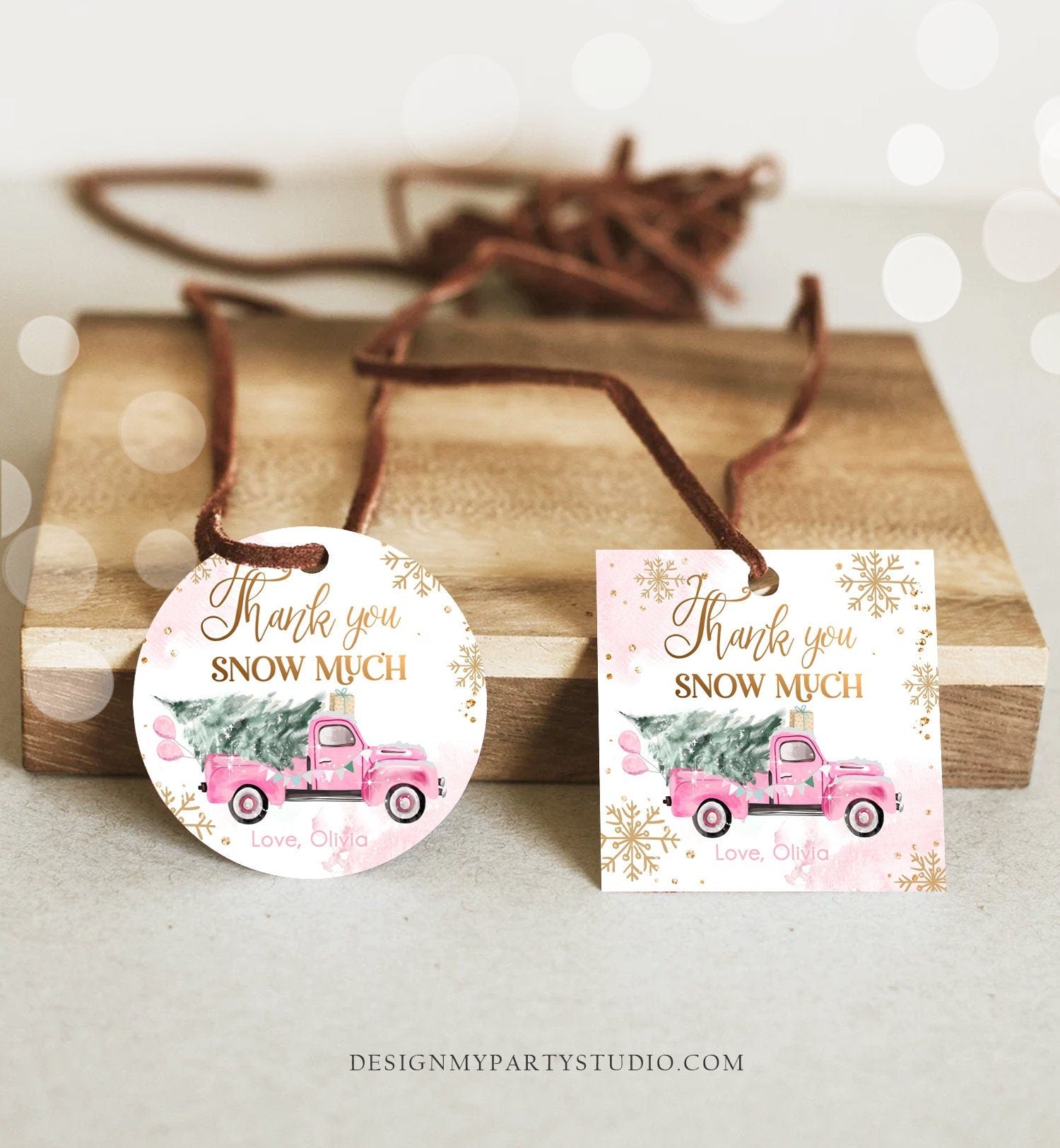 Editable Winter Onederland Favor Tag Christmas Tree Thank You Snow Much Pink Truck Birthday 1st Winter Gift Tag Pink Corjl Printable 0495