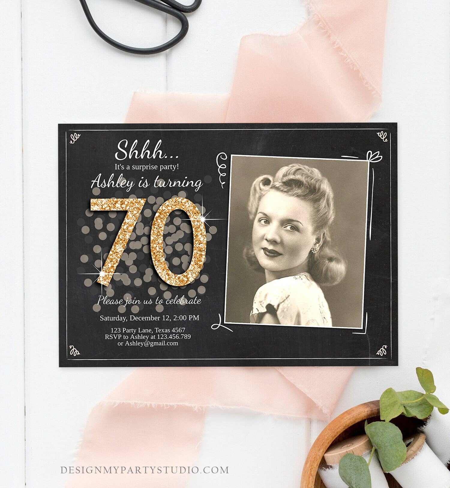 Editable ANY AGE Surprise Birthday Invitation Adult 70th Party Rustic Chalk Black Gold Glitter Photo Download Corjl Template Printable 0103