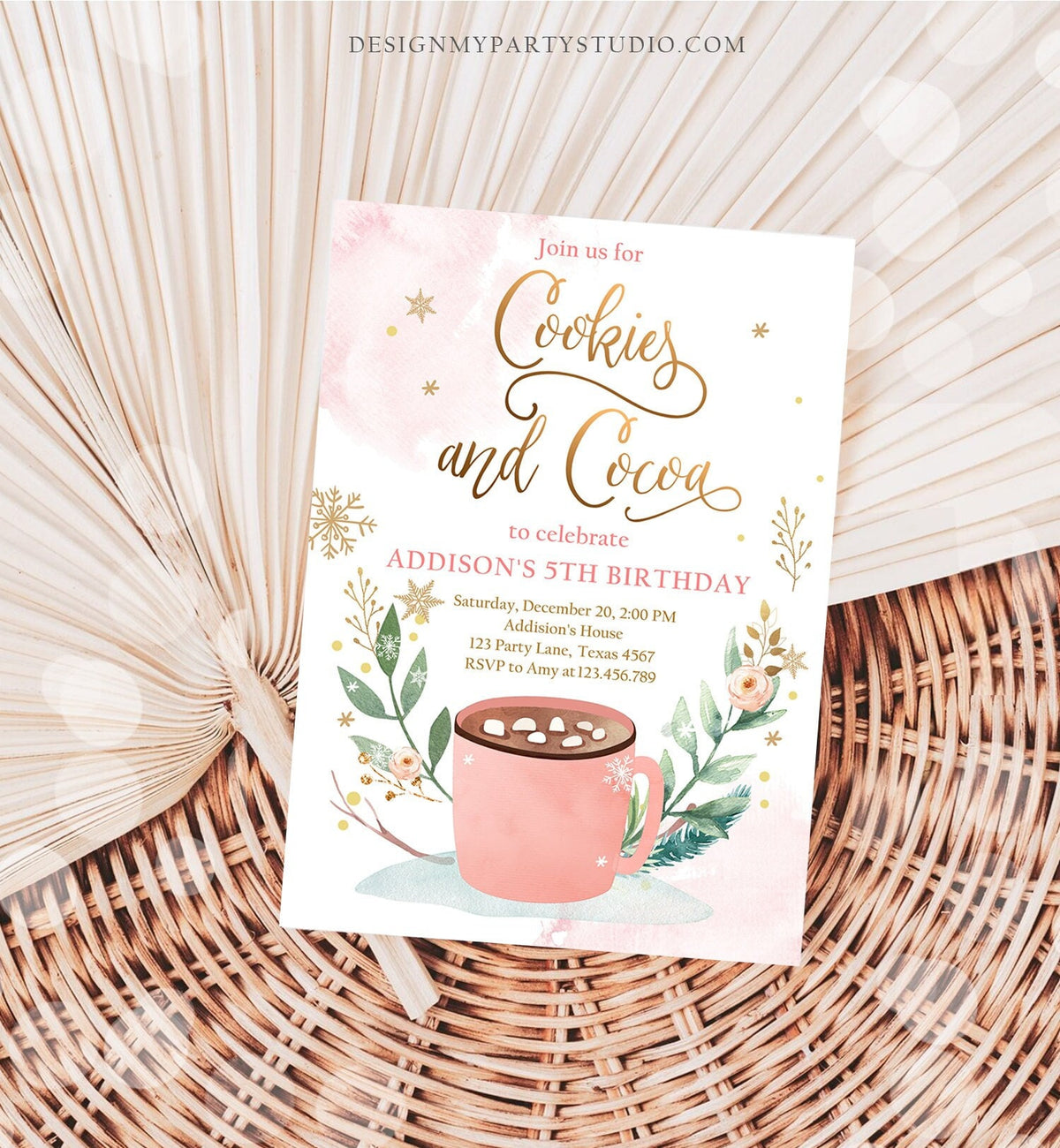 Editable Cookies and Cocoa Invitation Hot Cocoa Party Hot Chocolate Winter Birthday Girl Pink Gold Download Printable Template Corjl 0353