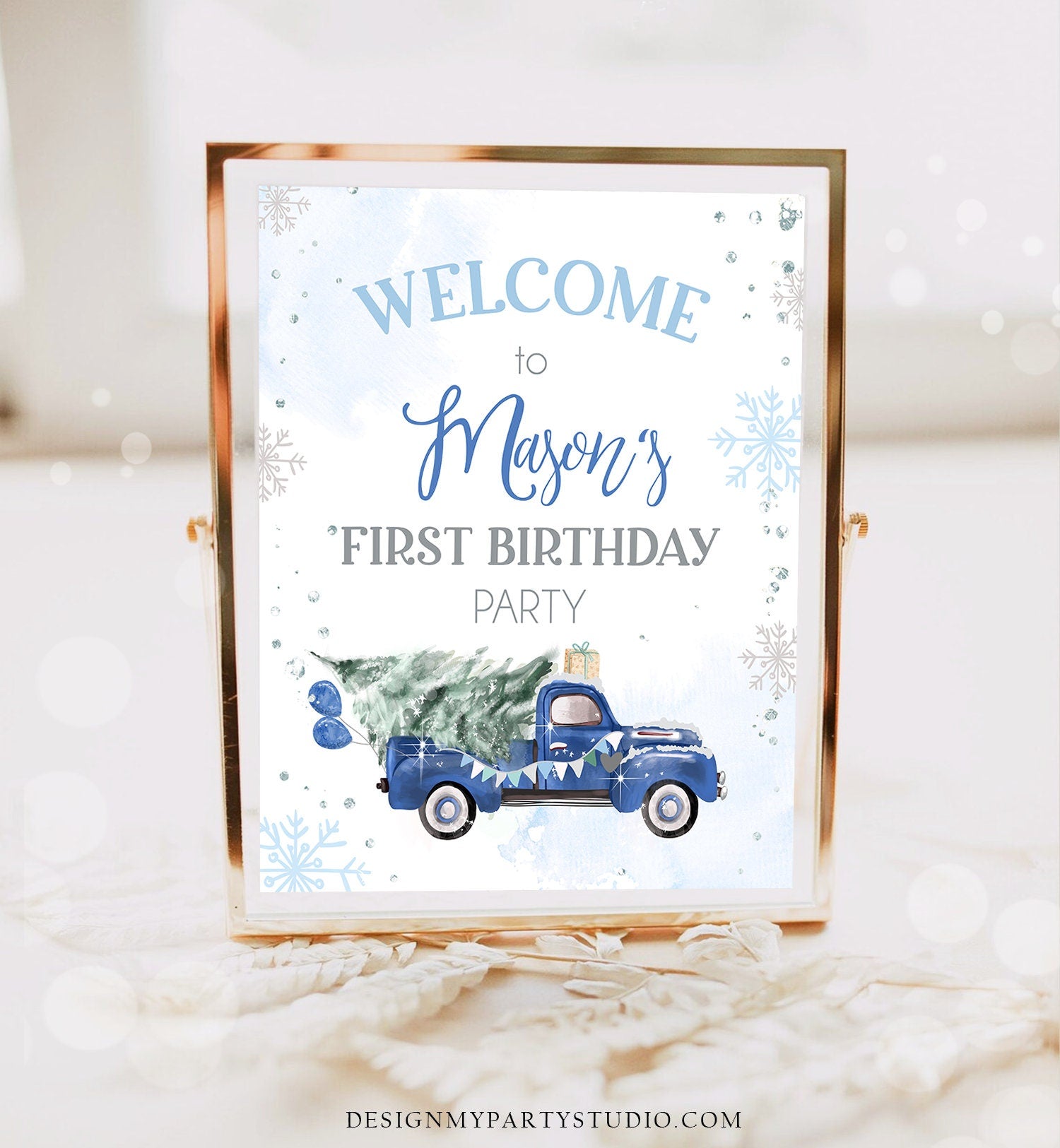 Editable Winter Truck Welcome Sign Onederland Blue Truck Watercolor Boy First Birthday Snowflake Wonderland Corjl Template Printable 0495