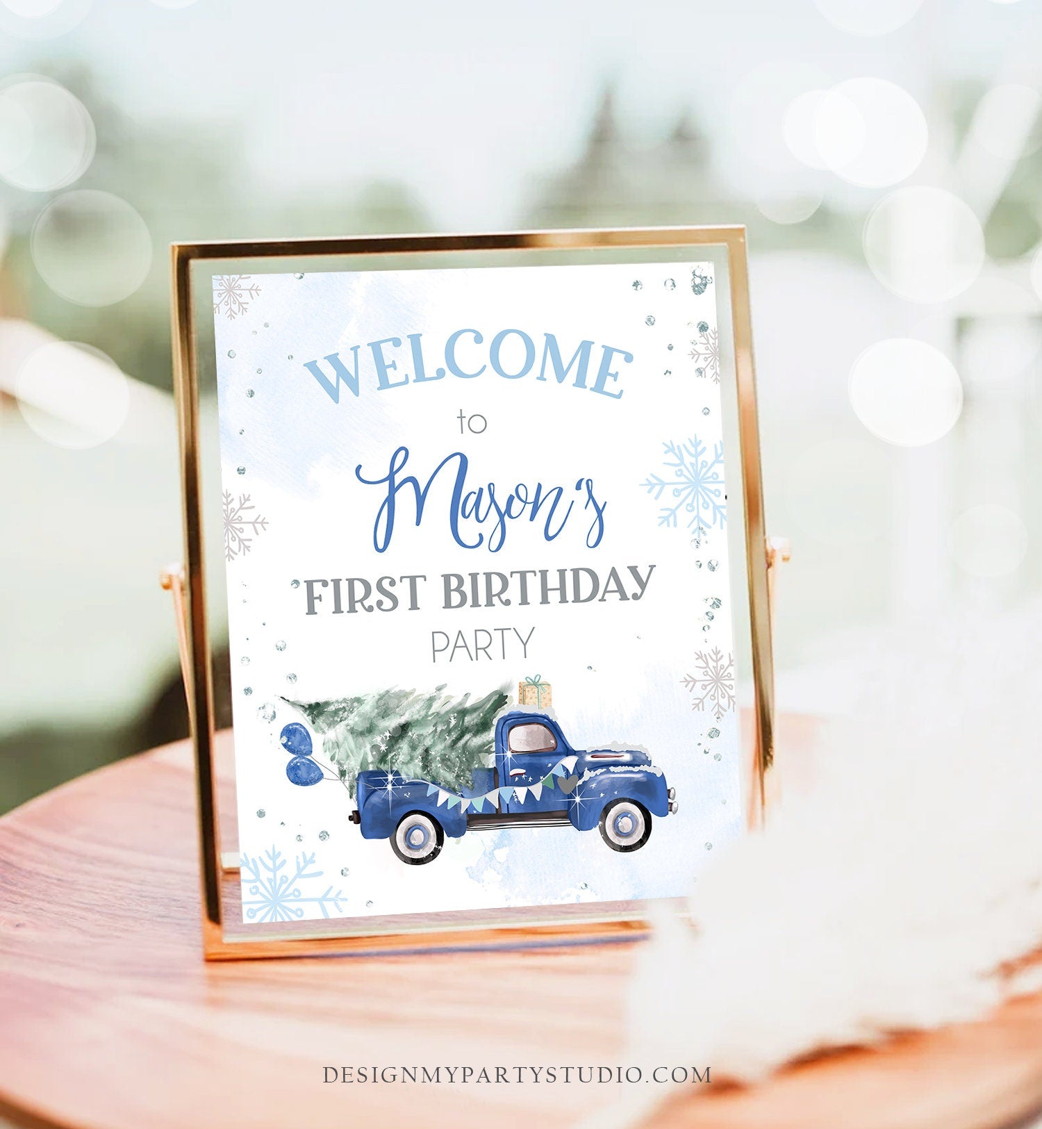 Editable Winter Truck Welcome Sign Onederland Blue Truck Watercolor Boy First Birthday Snowflake Wonderland Corjl Template Printable 0495