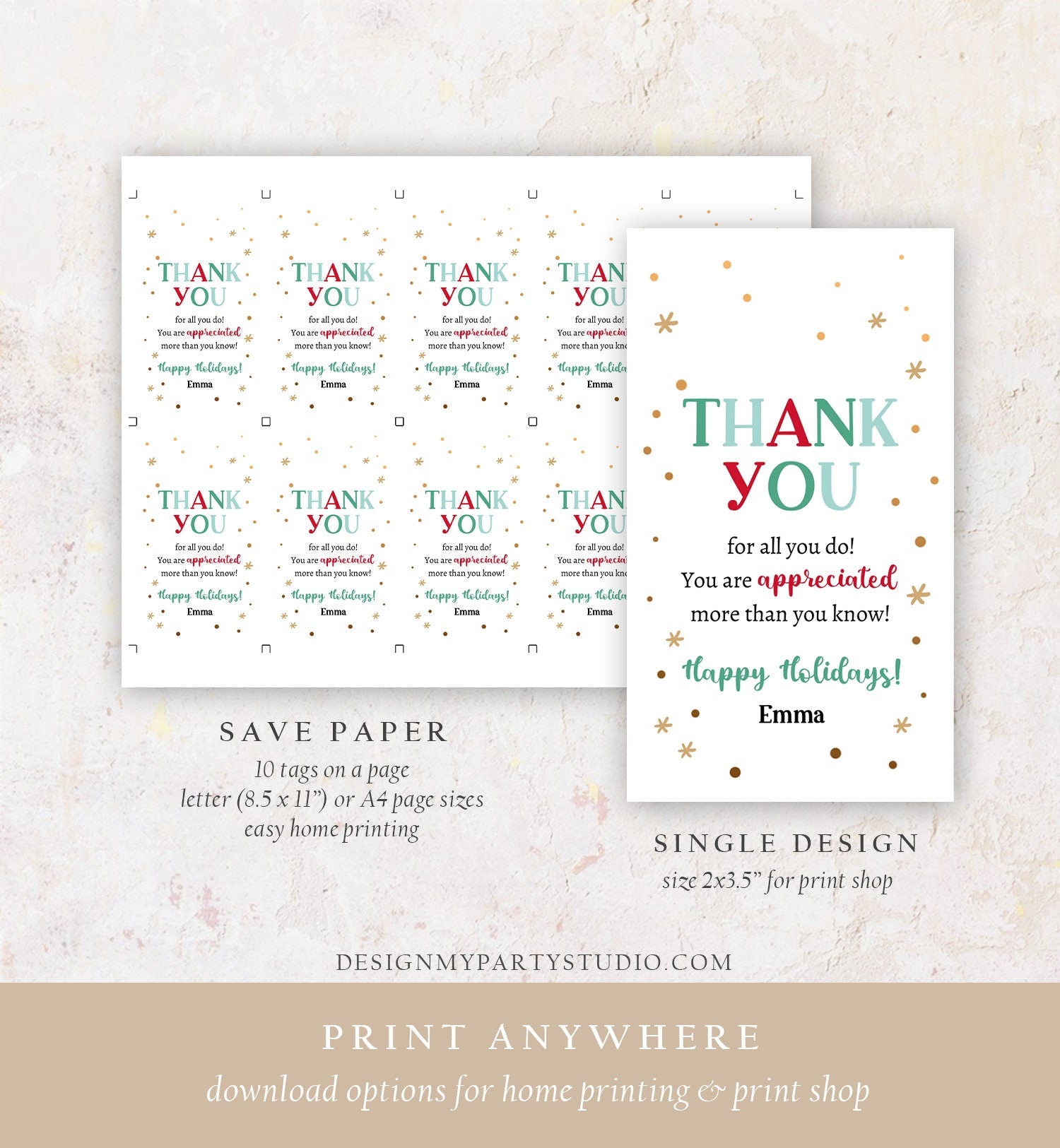 Editable Thank you for all you do Treat Tags Christmas Gift Tag Holiday Appreciation Teacher Family Staff Printable Template Corjl 0443