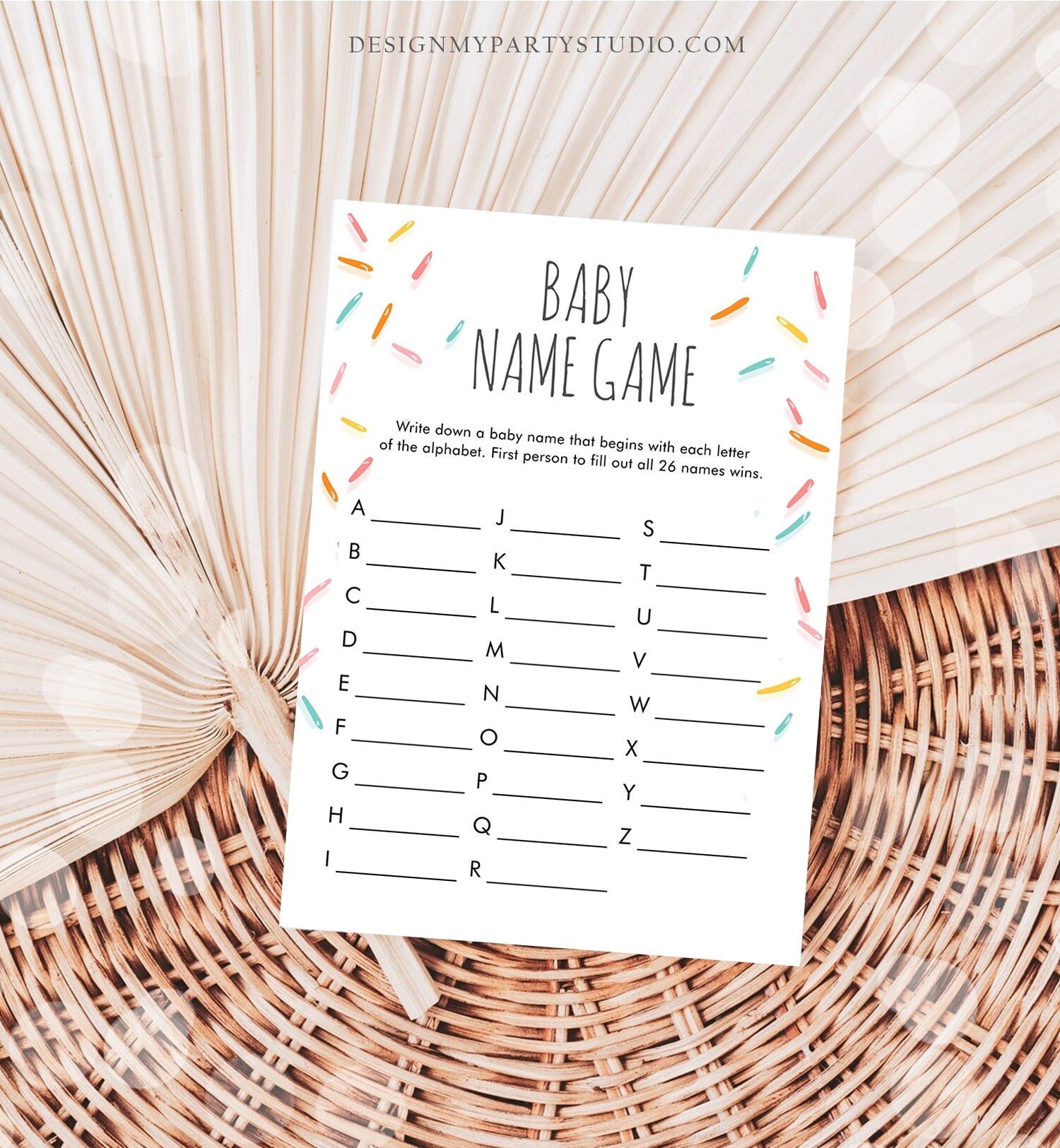 Editable Baby Name Race Baby Sprinkle Game Baby Name Game Baby Shower Gender Neutral Sprinkles Rainbow A to Z Corjl Template Printable 0216