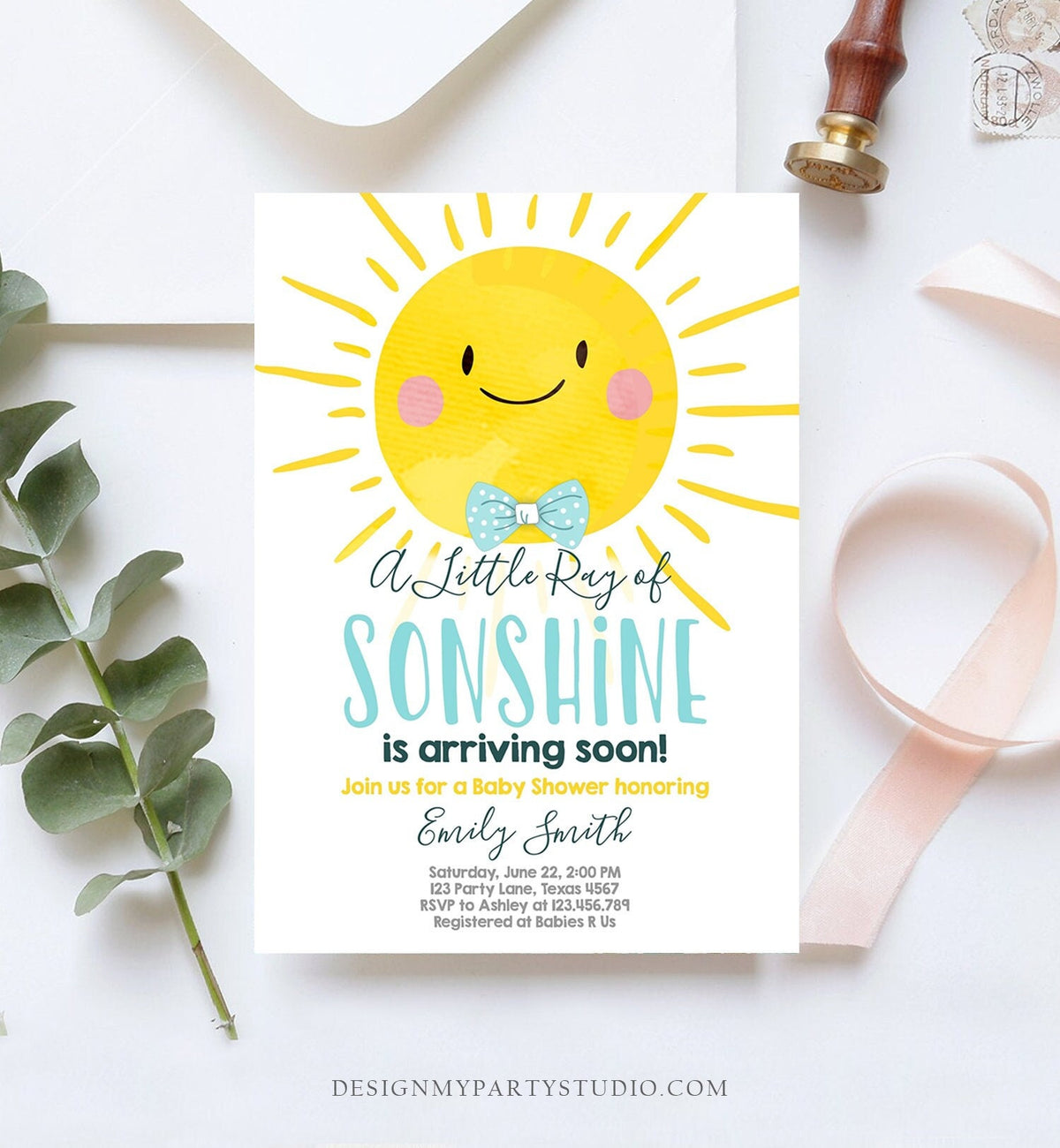 Editable Baby Shower Invitation A Ray of Sonshine Little Sunshine Blue Yellow Boy Invite Template Instant Download Digital Corjl 0141