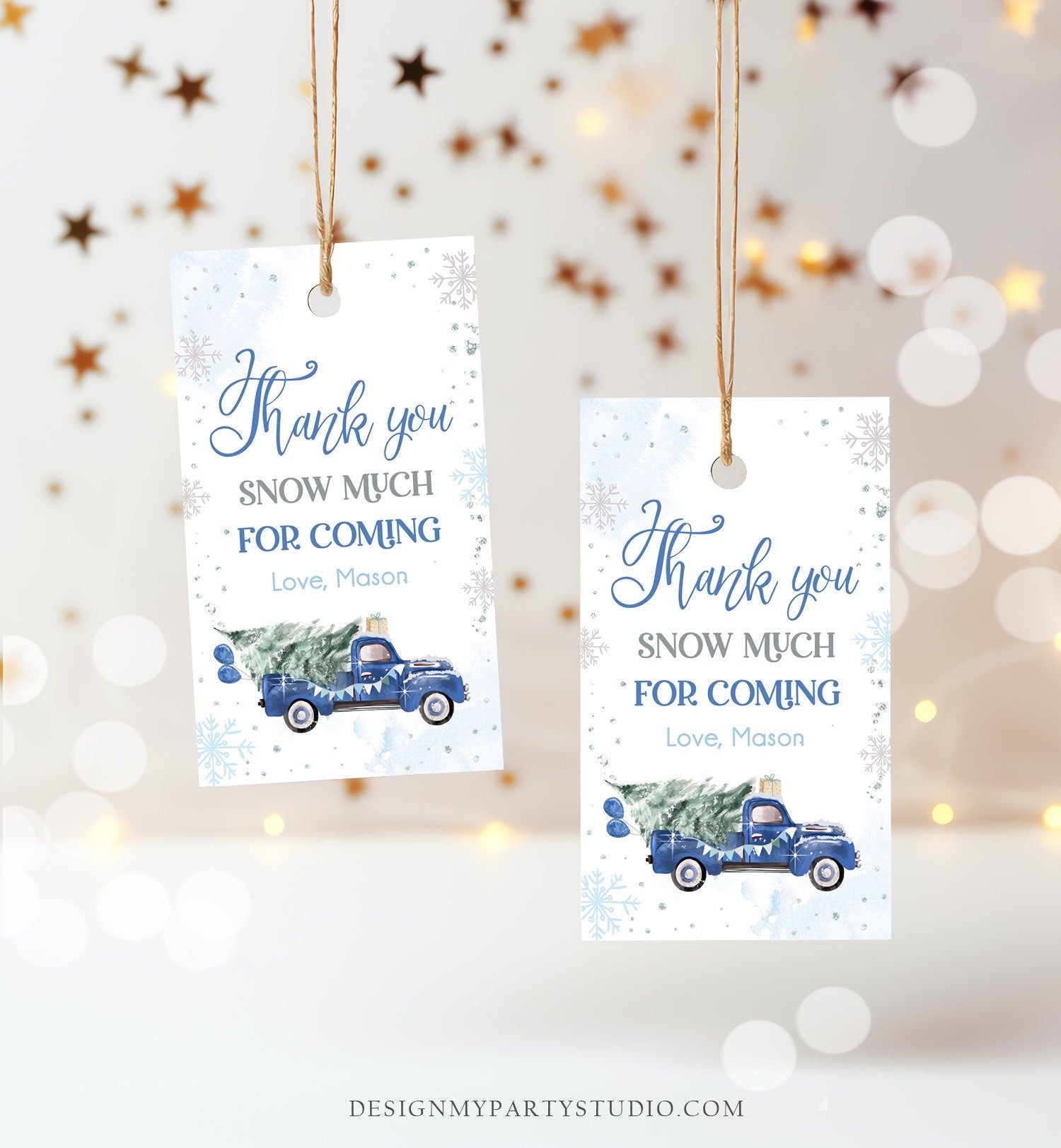 Editable Winter Onederland Favor Tag Christmas Tree Thank You Snow Much Blue Truck Birthday 1st Winter Gift Tag Boy Corjl Printable 0495