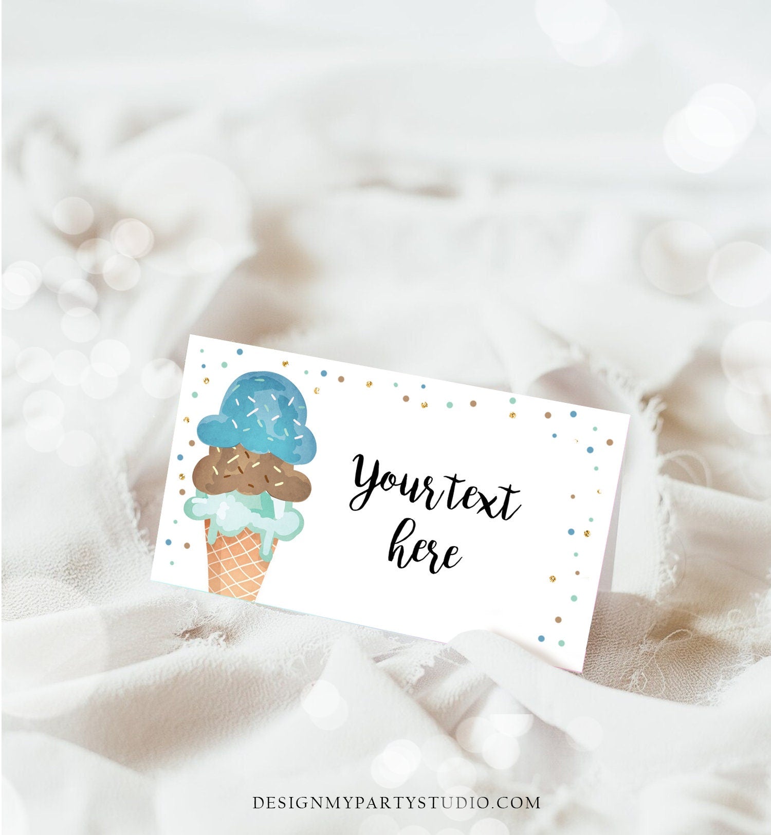 Editable Ice Cream Food Labels Ice Cream Birthday Food Cards Tent Card Boy Blue Brown Gold Scoop Buffet Label Tent Card Template Corjl 0243