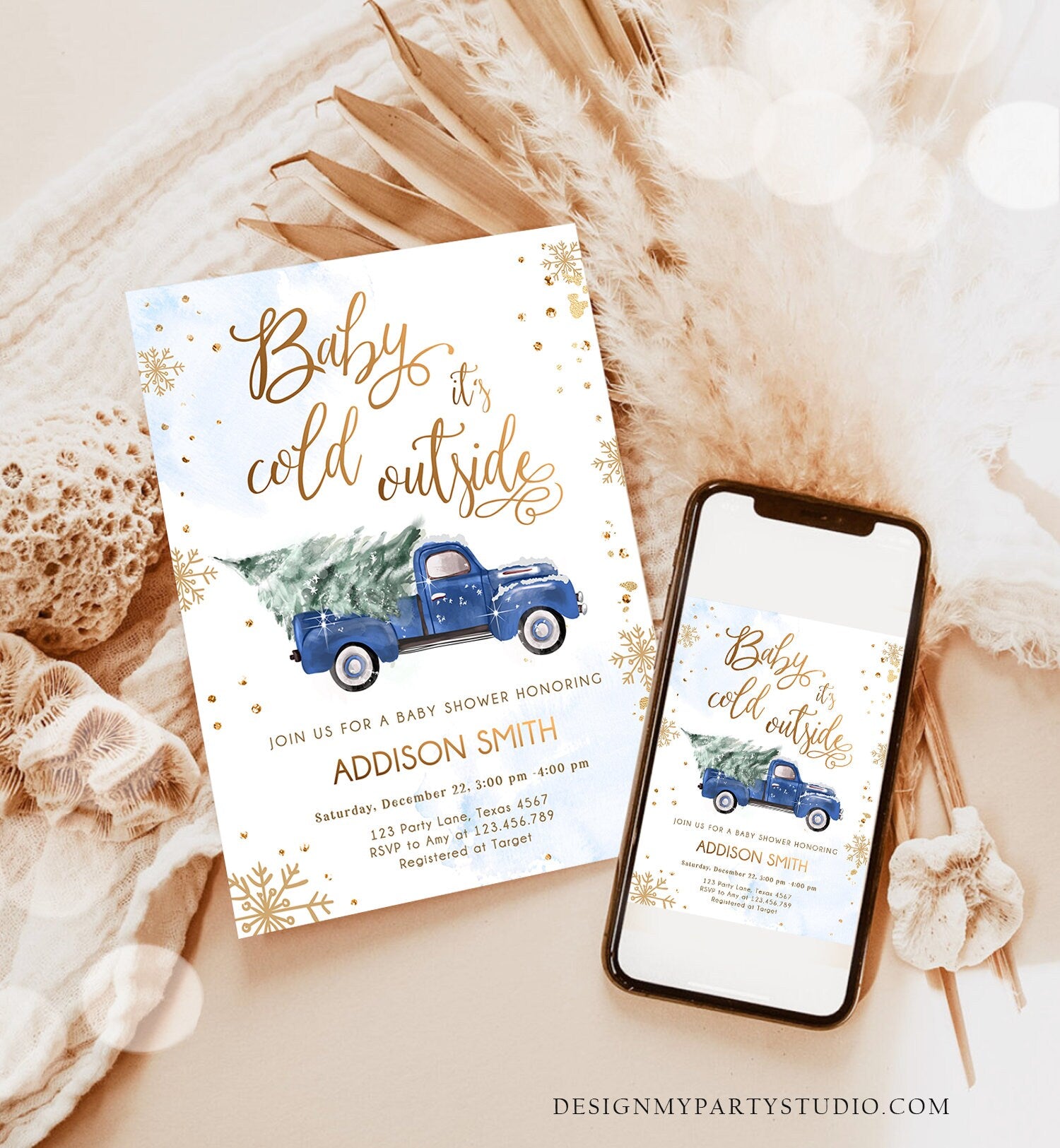 Editable Baby Its Cold Outside Baby Shower Invitation Winter Truck Blue Boy Baby Shower Gold Watercolor Tree Template Download Corjl 0495