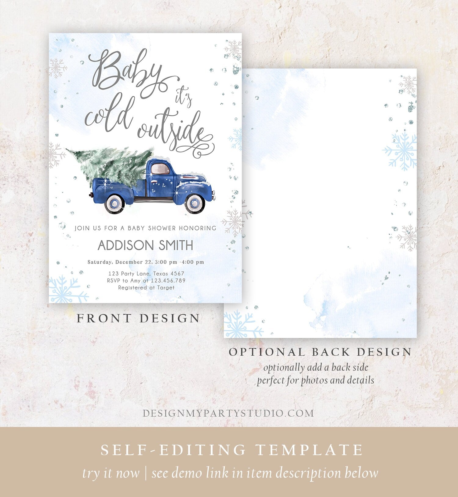 Editable Baby Its Cold Outside Baby Shower Invitation Winter Truck Blue Boy Baby Shower Silver Watercolor Tree Template Download Corjl 0495