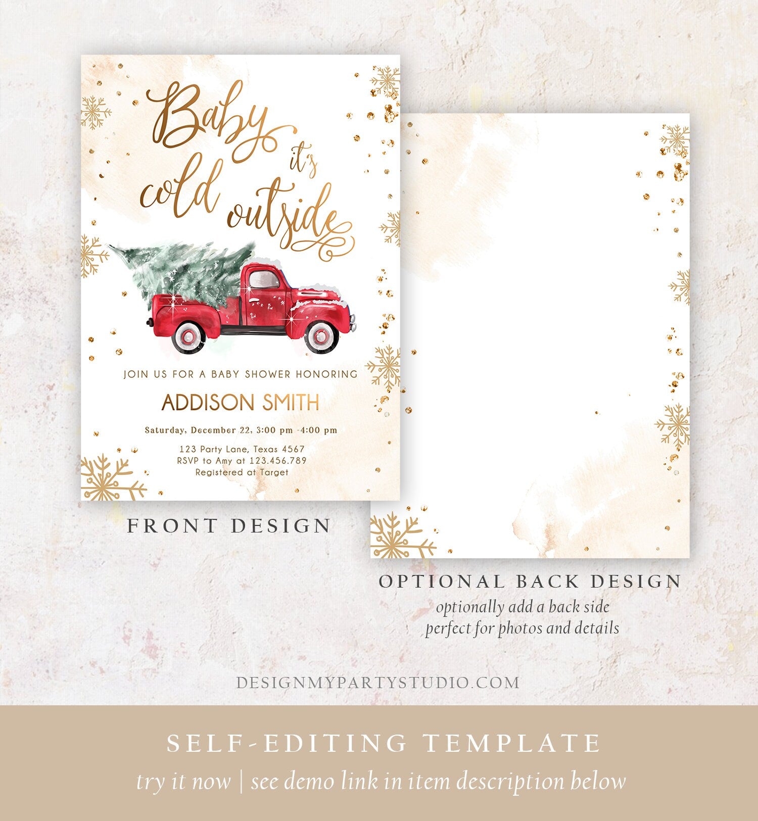 Editable Baby Its Cold Outside Baby Shower Invitation Winter Truck Red Gender Neutral Baby Shower Gold Tree Template Download Corjl 0495