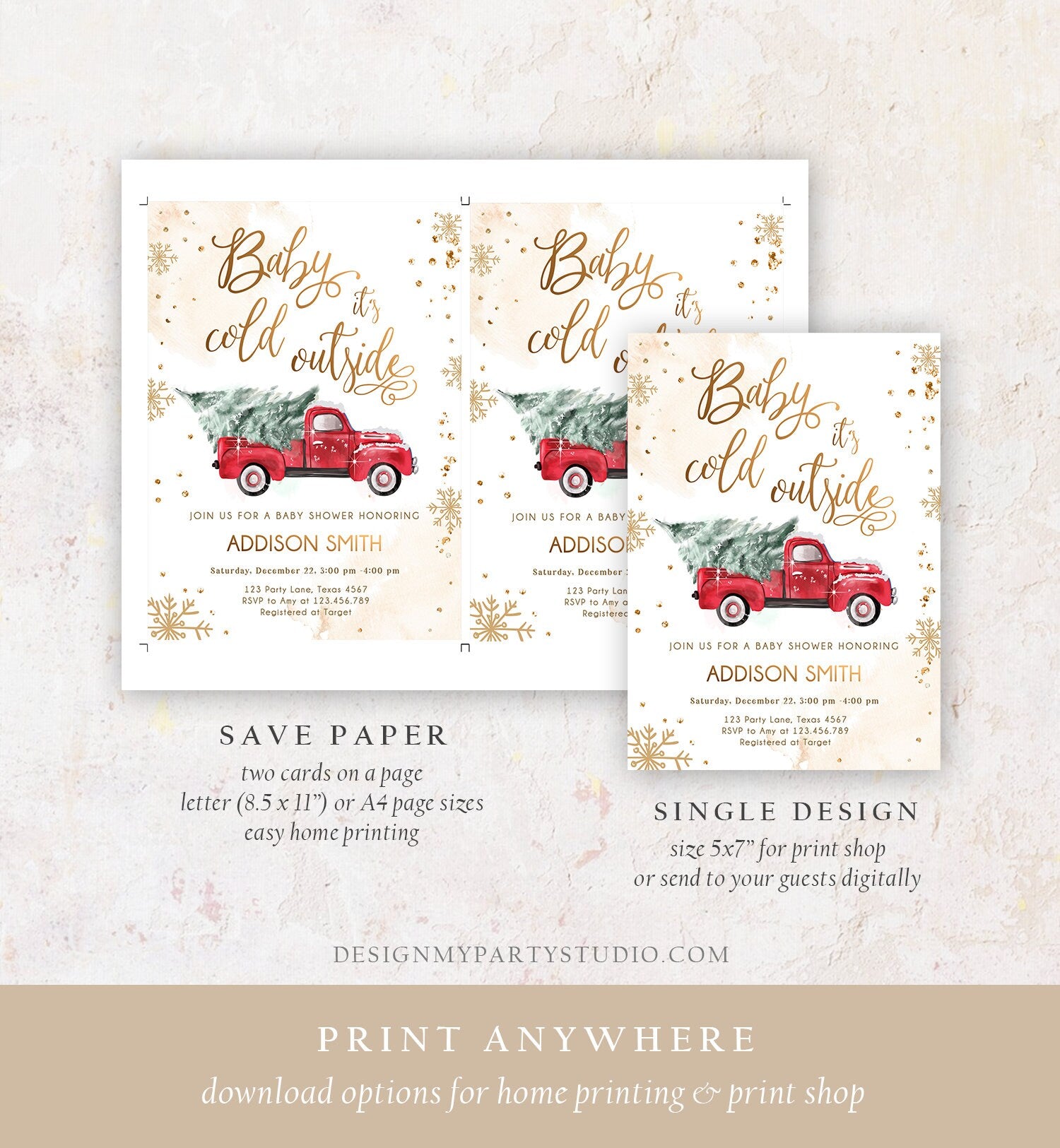 Editable Baby Its Cold Outside Baby Shower Invitation Winter Truck Red Gender Neutral Baby Shower Gold Tree Template Download Corjl 0495