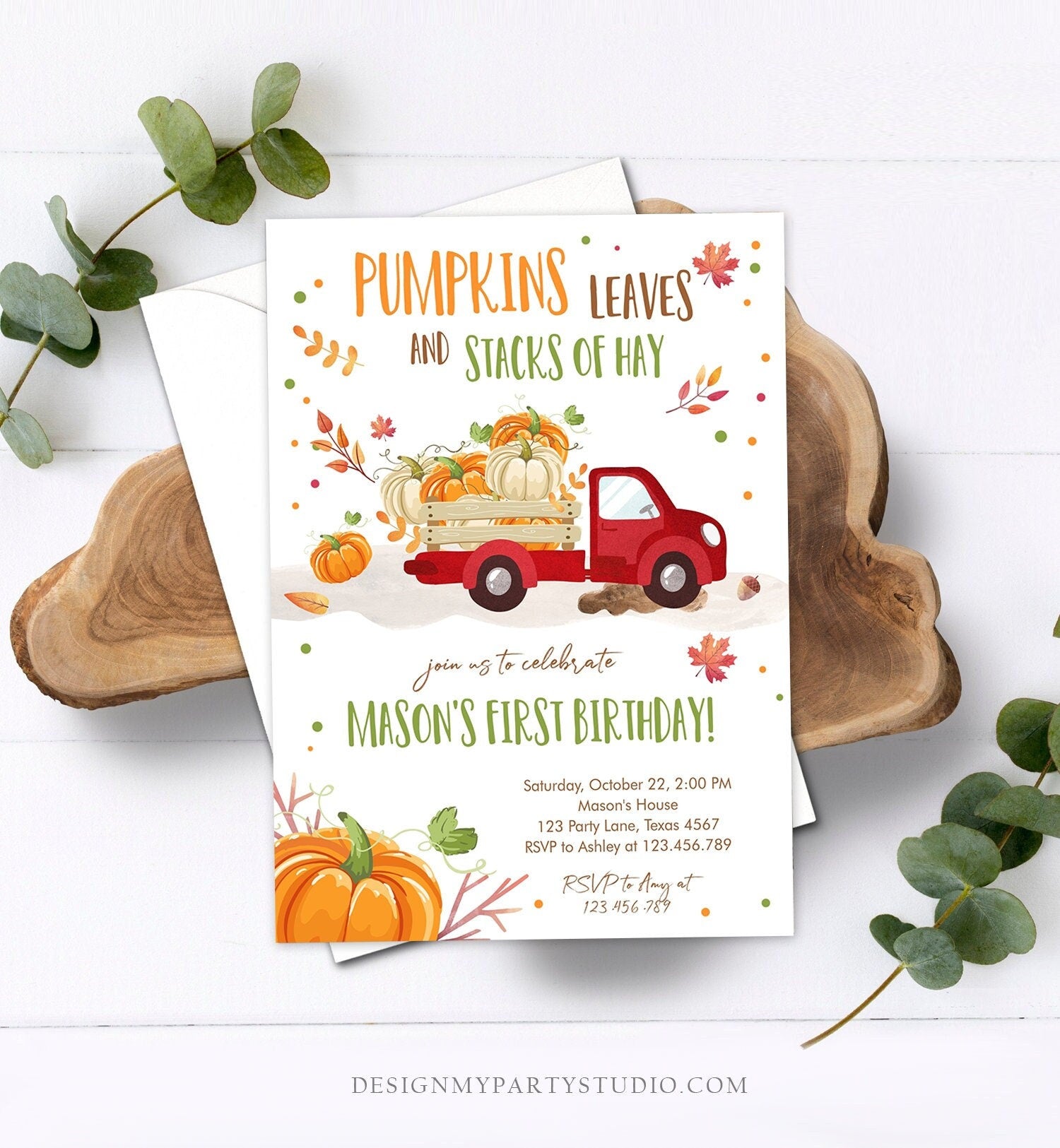 Editable Pumpkin Birthday Invitation Boy Fall Pumpkin Truck Birthday Party Red Orange Green Download Evite Corjl Template Printable 0153