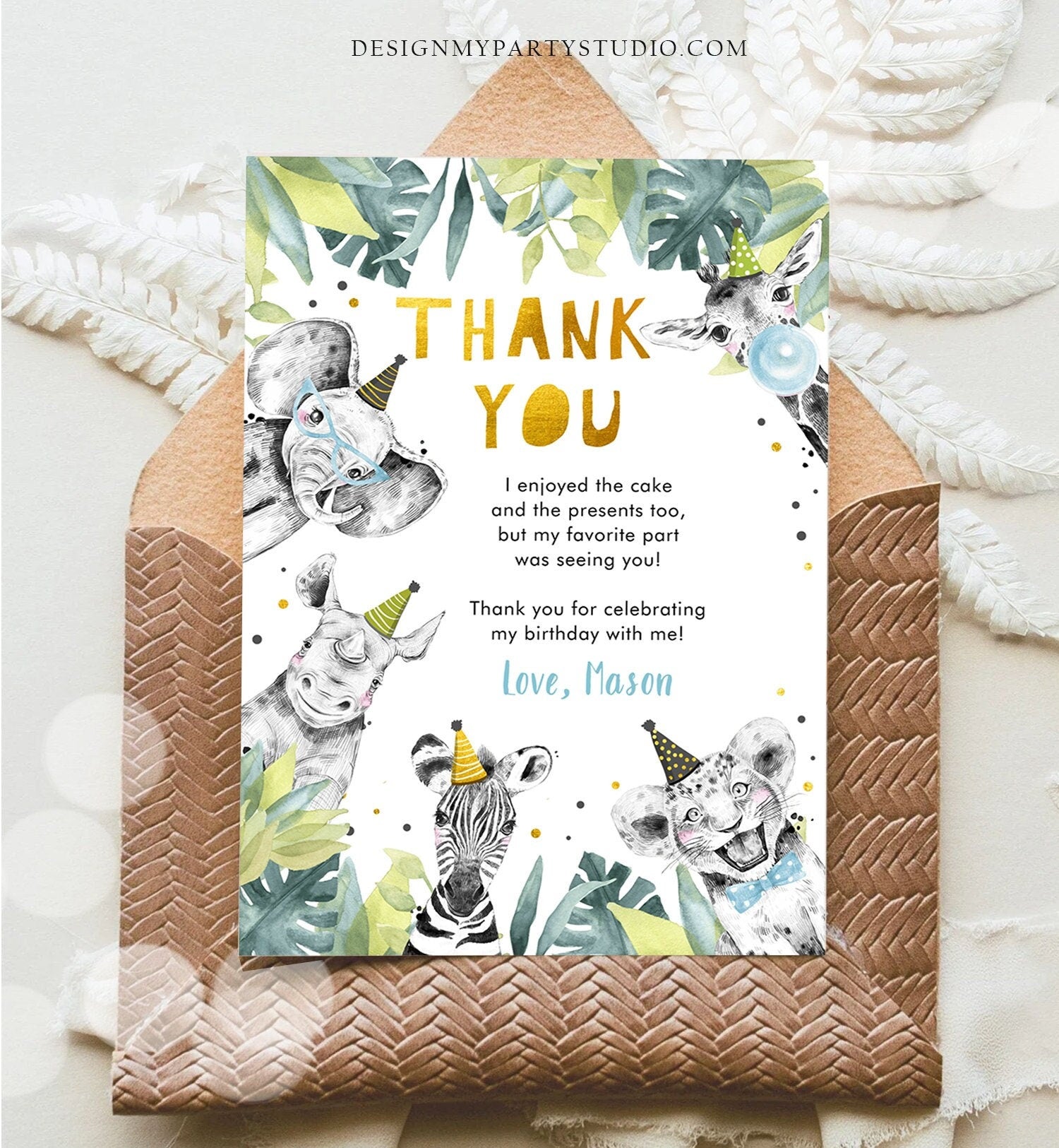 Editable Thank You Card Safari Animals Wild One Two Wild Thank You Note Boy Blue Gold Jungle Zoo Party Animals Corjl Template Digital 0322