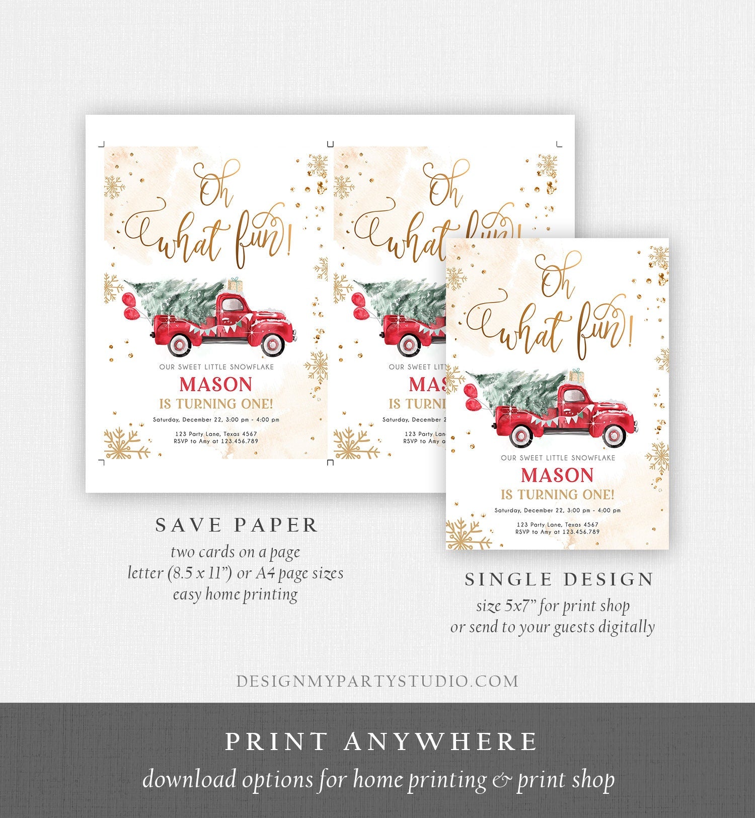 Editable Oh What Fun! Holiday 1st Winter Birthday Invitation Winter Truck Boy Christmas Party Red Truck Gold Printable Template DIY 0495