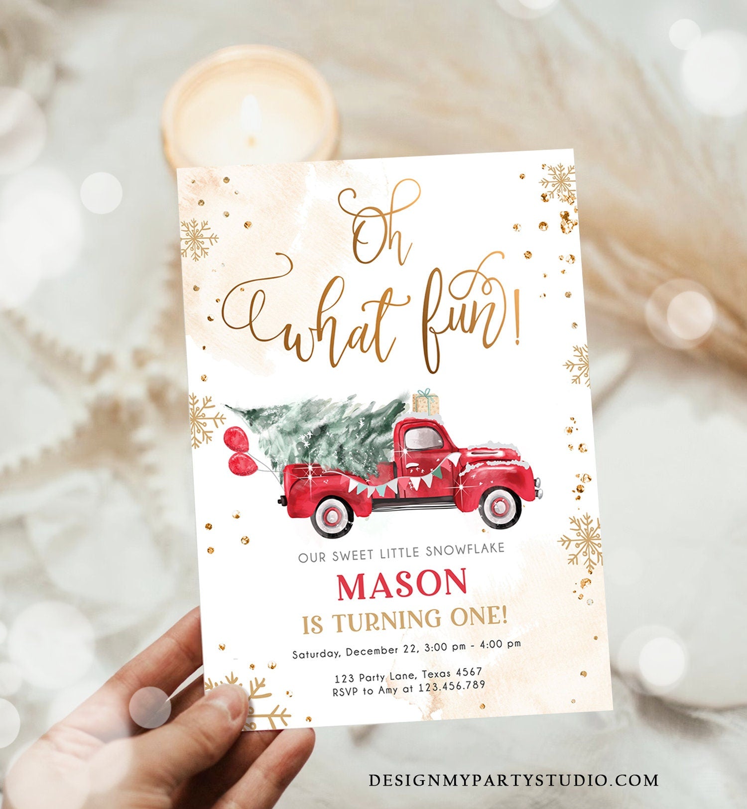 Editable Oh What Fun! Holiday 1st Winter Birthday Invitation Winter Truck Boy Christmas Party Red Truck Gold Printable Template DIY 0495