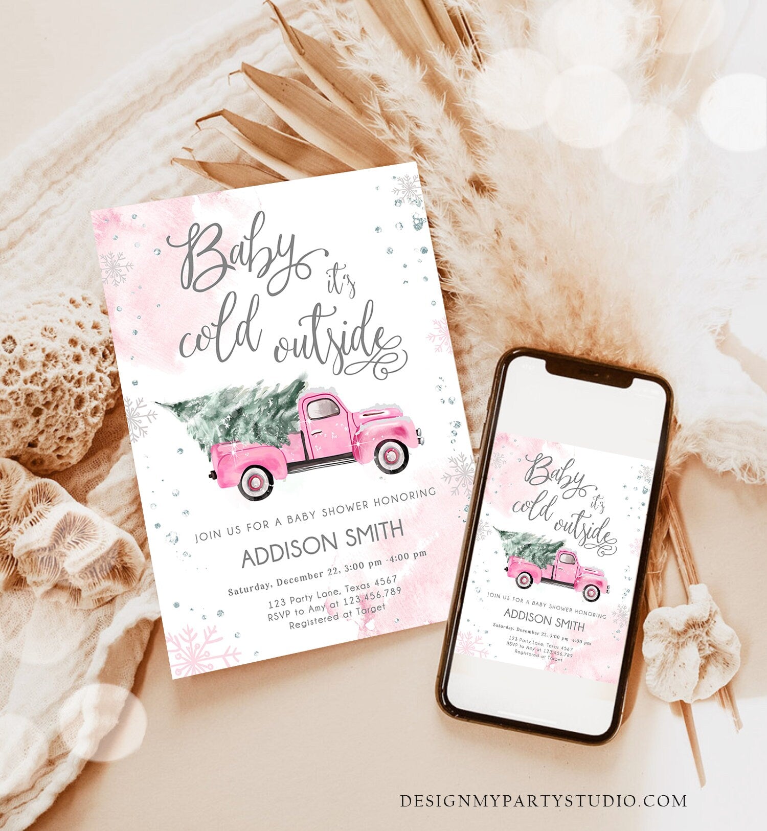 Editable Baby Its Cold Outside Baby Shower Invitation Winter Truck Pink Girl Baby Shower Silver Watercolor Tree Template Download Corjl 0495