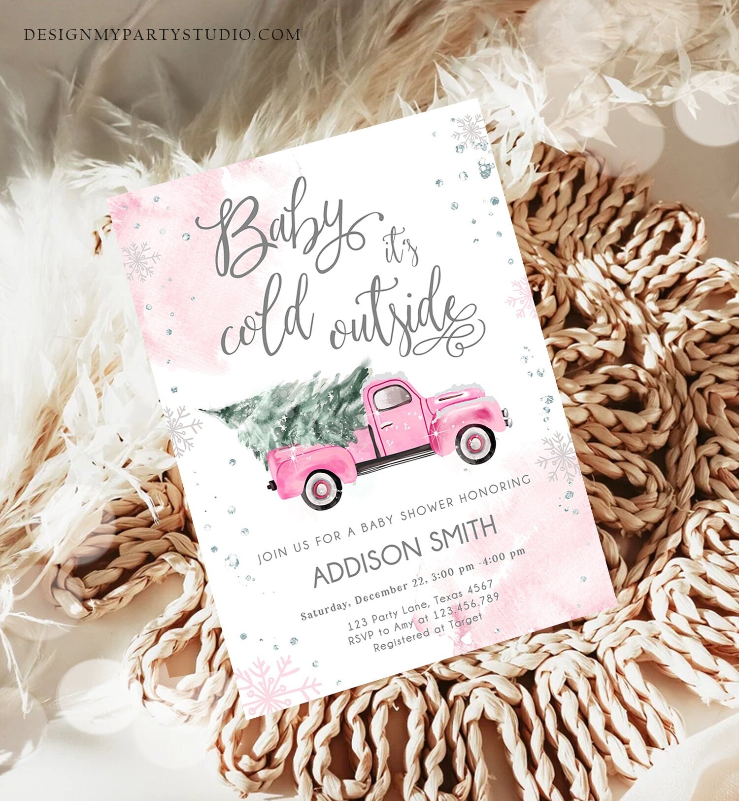 Editable Baby Its Cold Outside Baby Shower Invitation Winter Truck Pink Girl Baby Shower Silver Watercolor Tree Template Download Corjl 0495