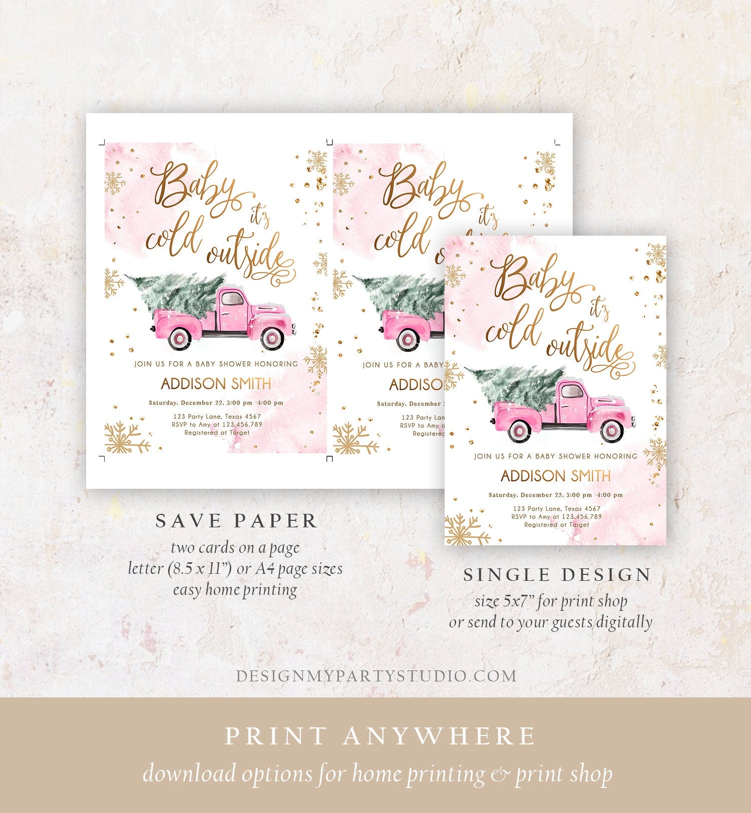 Editable Baby Its Cold Outside Baby Shower Invitation Winter Truck Pink Girl Baby Shower Gold Watercolor Tree Template Download Corjl 0495